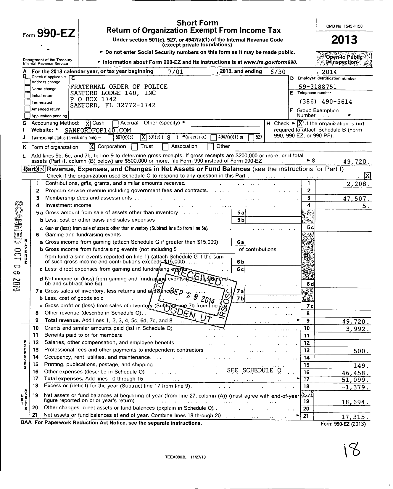 Image of first page of 2013 Form 990EO for Fraternal Order of Police - 140 Sanford Lodge