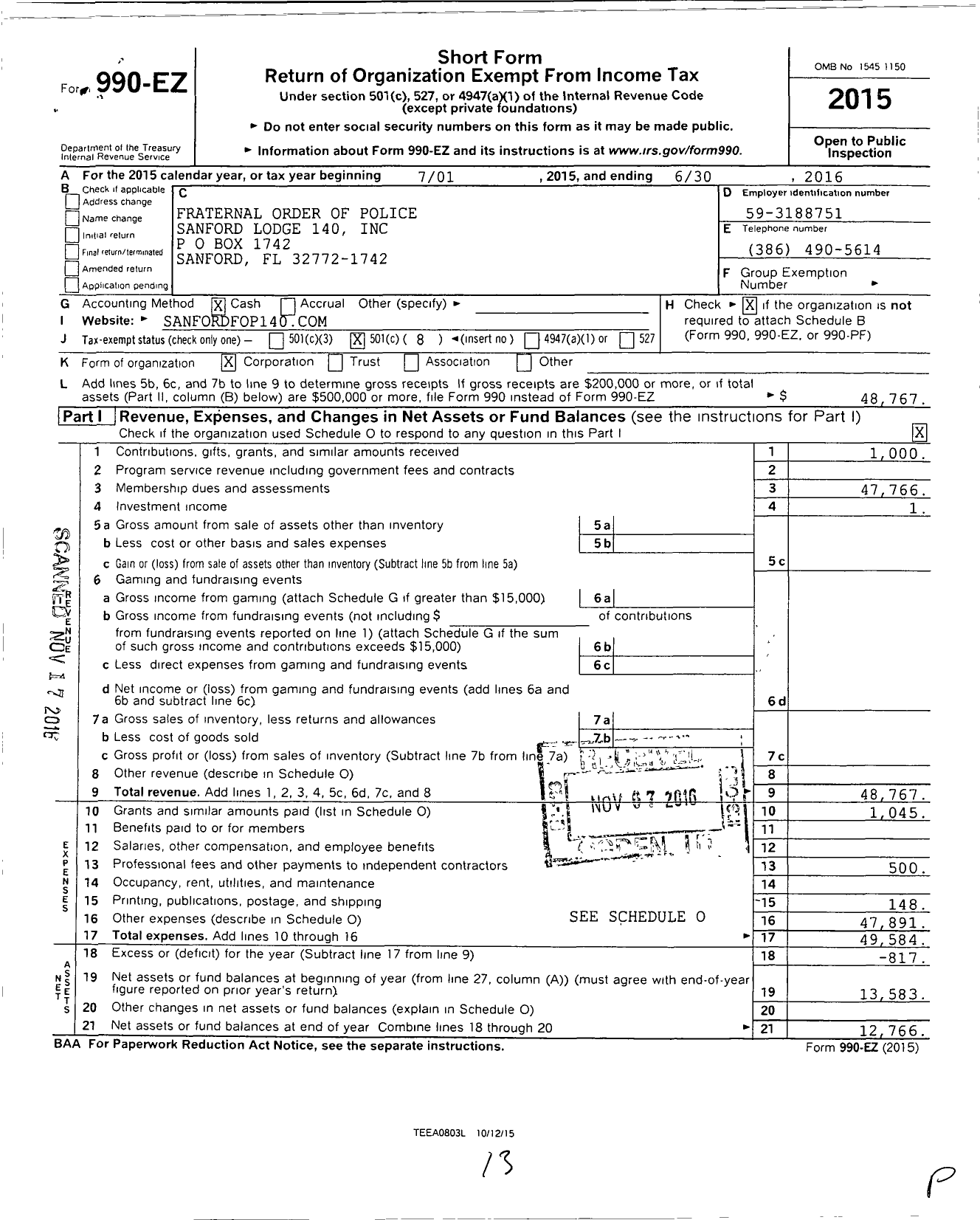 Image of first page of 2015 Form 990EO for Fraternal Order of Police - 140 Sanford Lodge