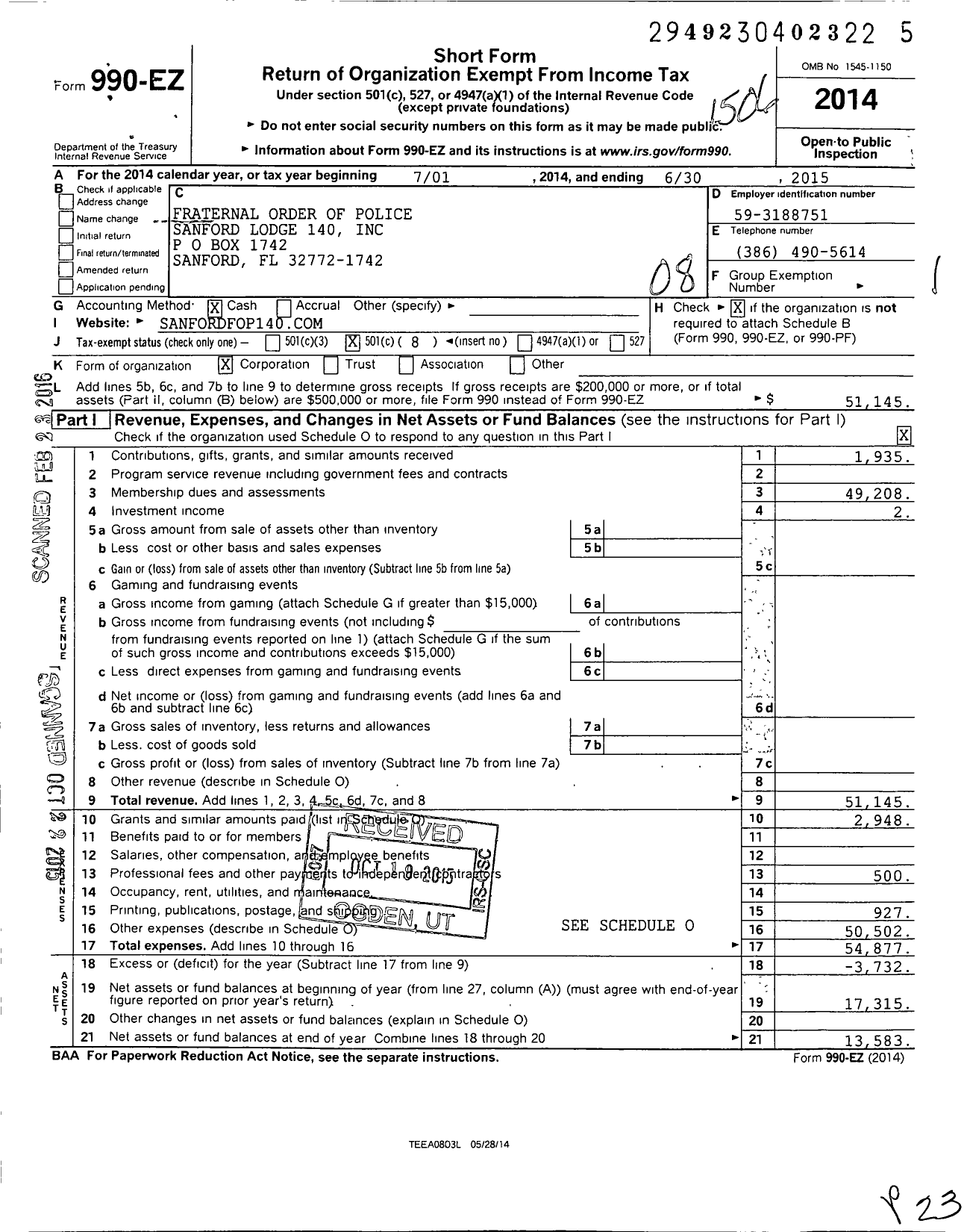 Image of first page of 2014 Form 990EO for Fraternal Order of Police - 140 Sanford Lodge