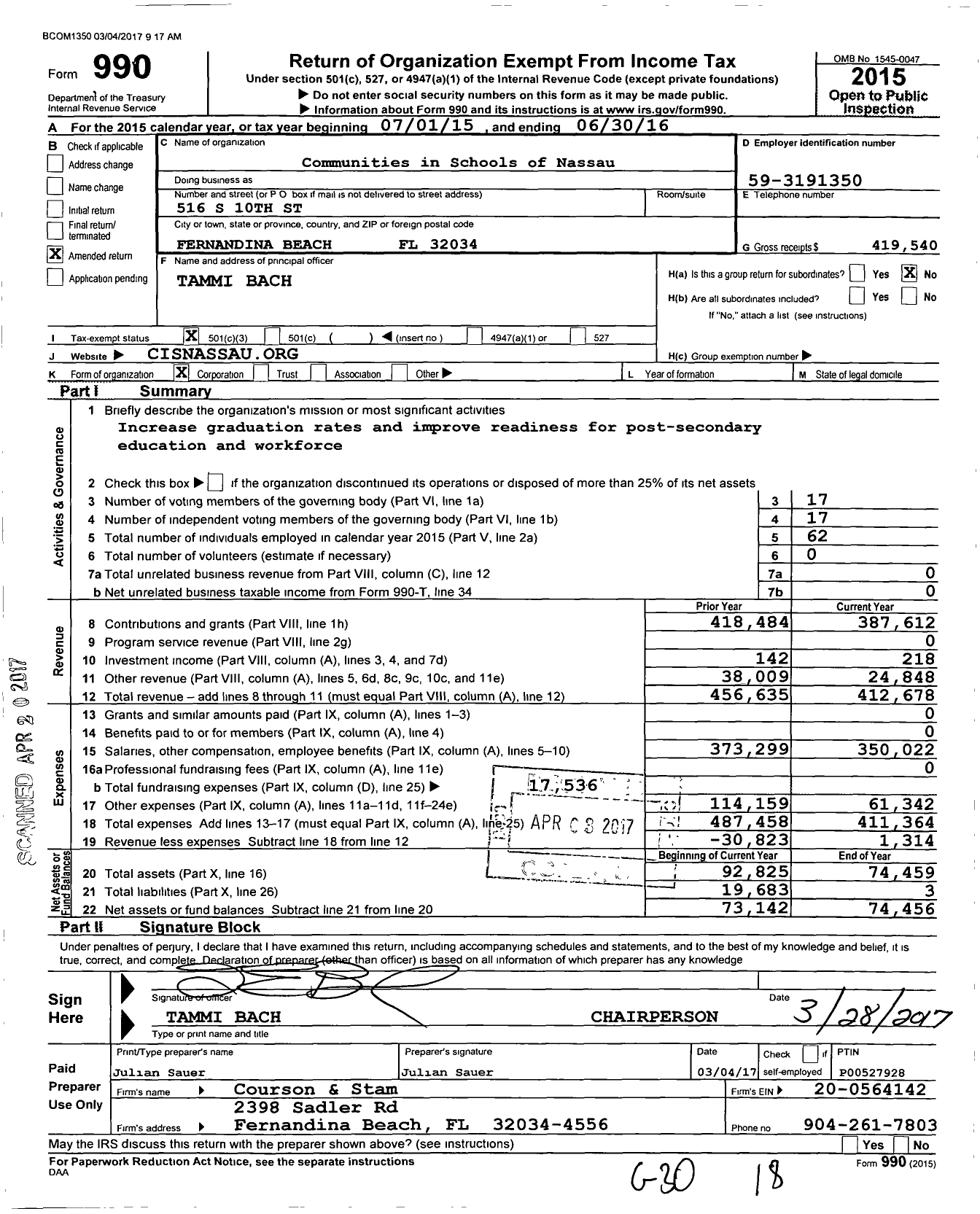 Image of first page of 2015 Form 990 for Communities in Schools of Nassau County