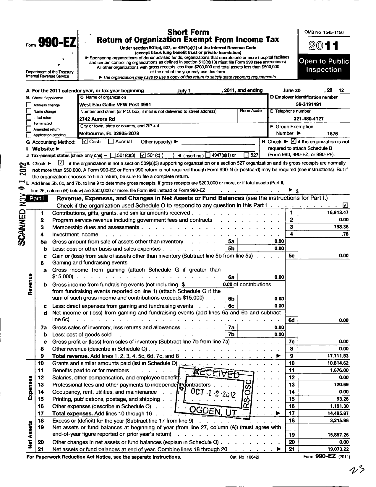 Image of first page of 2011 Form 990EO for VFW Department of Florida - 3991 VFW Post