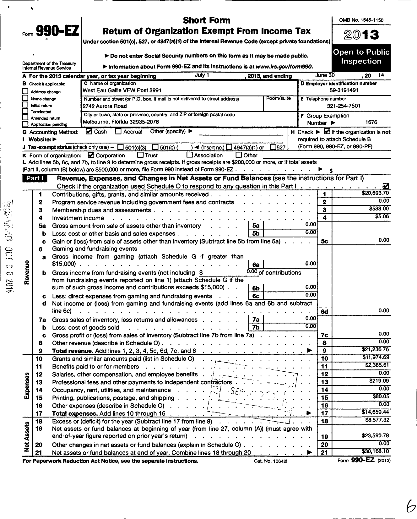 Image of first page of 2013 Form 990EO for VFW Department of Florida - 3991 VFW Post