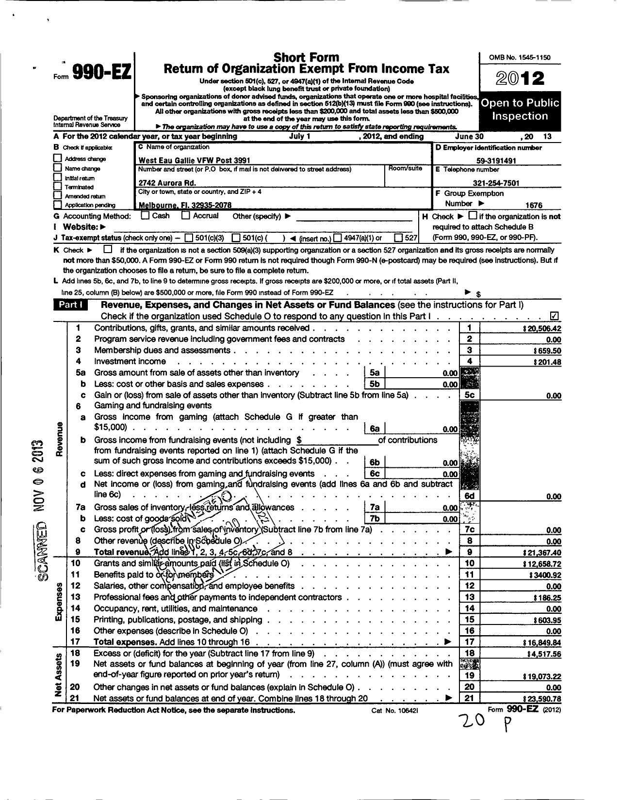 Image of first page of 2012 Form 990EO for VFW Department of Florida - 3991 VFW Post