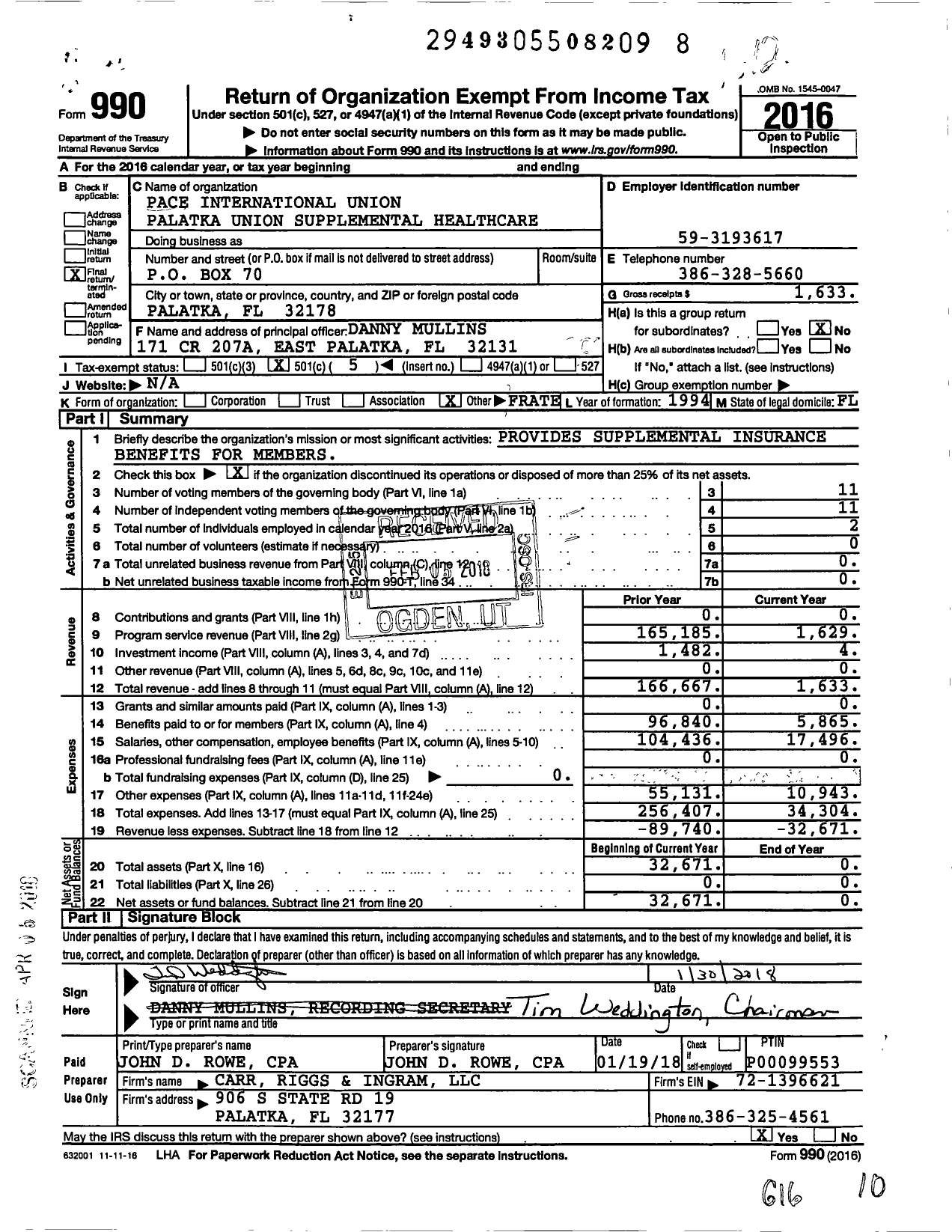 Image of first page of 2016 Form 990O for Pace International Union Palatka Union Supplemental Healthcare