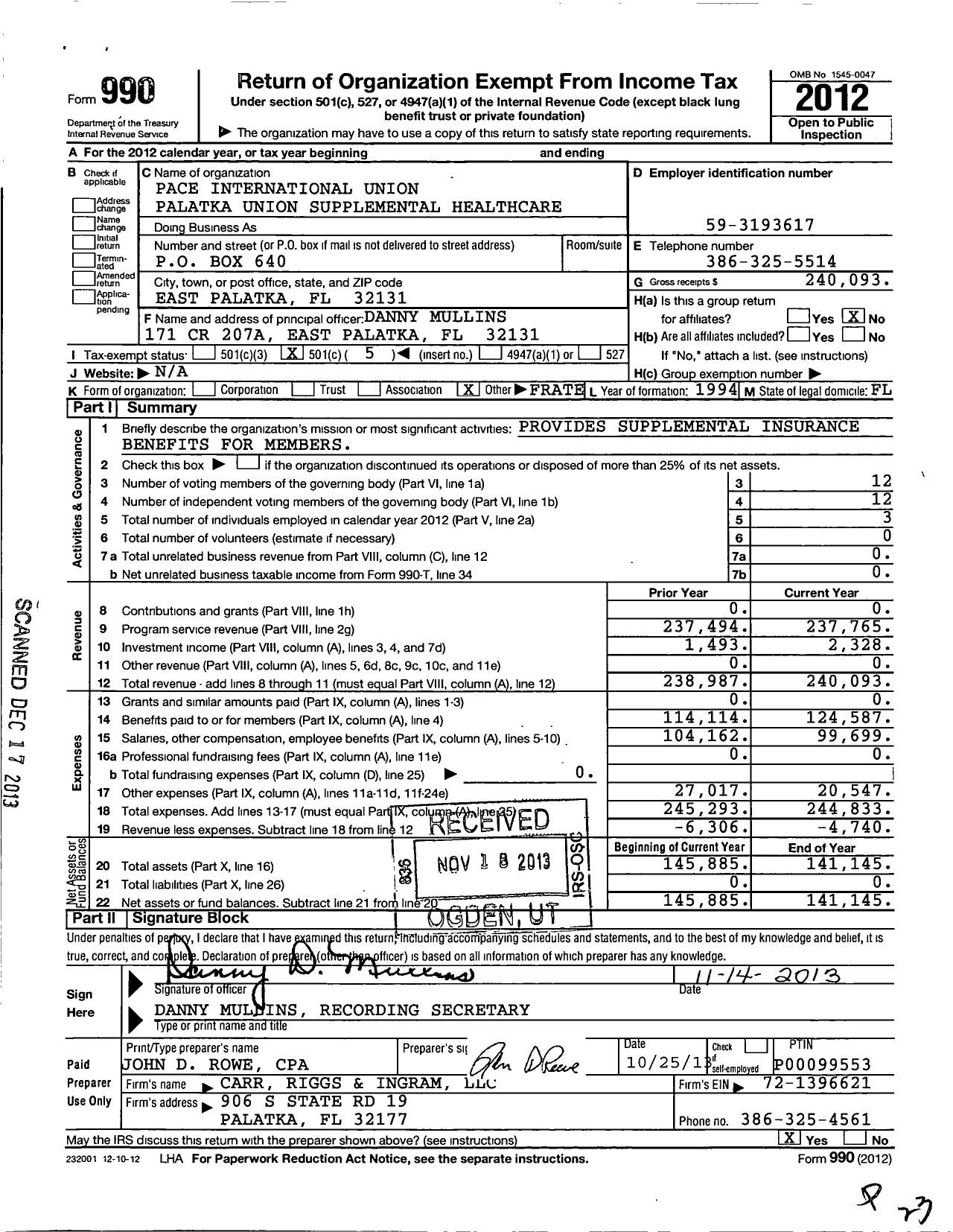 Image of first page of 2012 Form 990O for Pace International Union Palatka Union Supplemental Healthcare