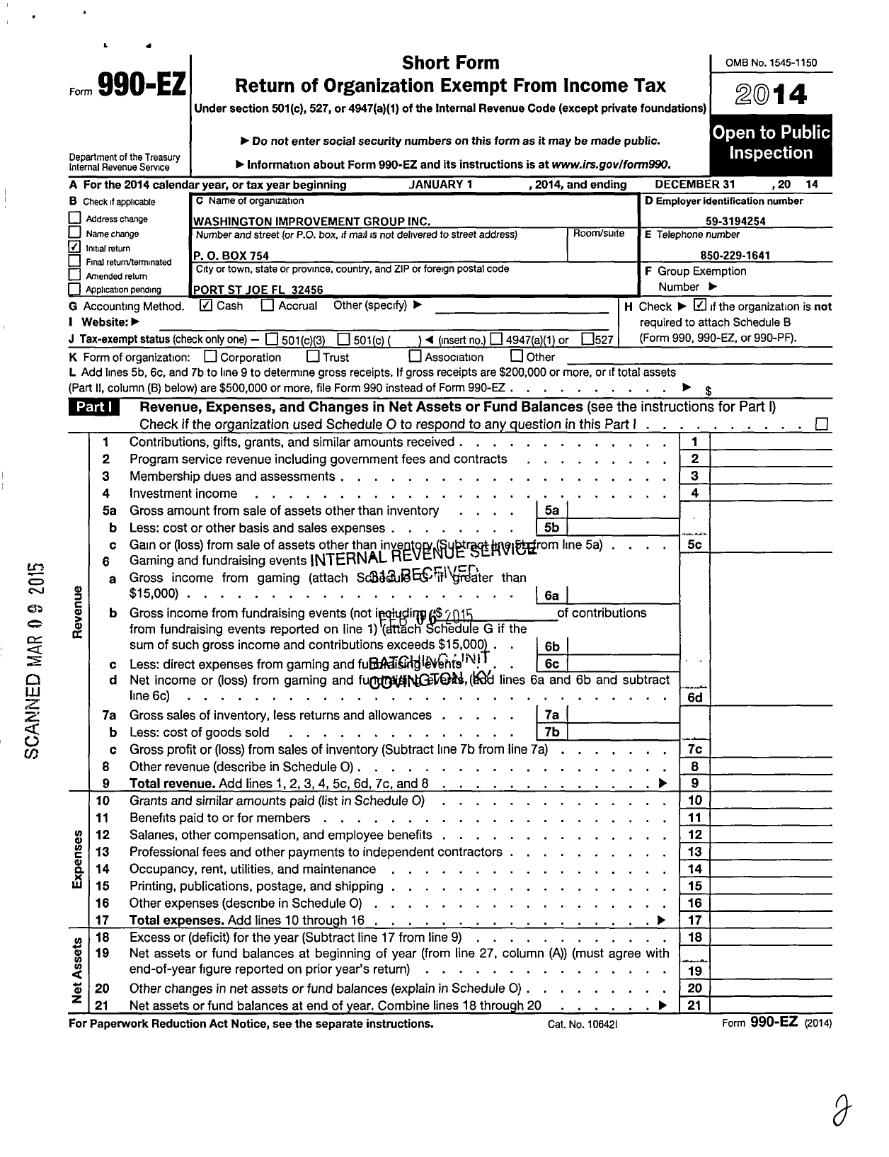 Image of first page of 2014 Form 990EO for Washington Improvement Group