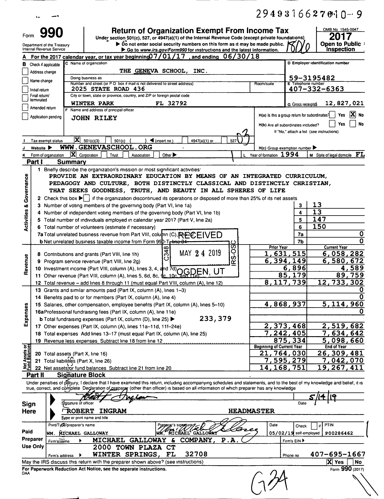 Image of first page of 2017 Form 990 for Geneva School