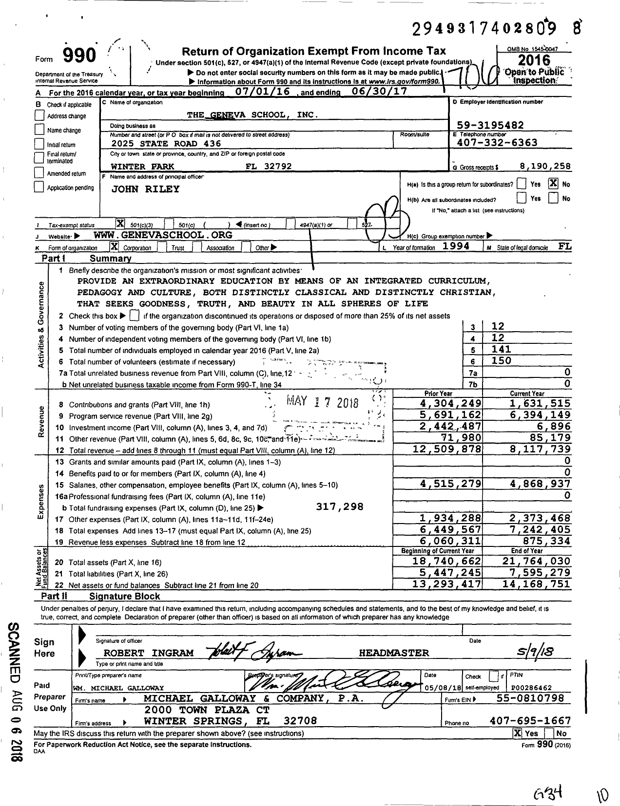 Image of first page of 2016 Form 990 for Geneva School