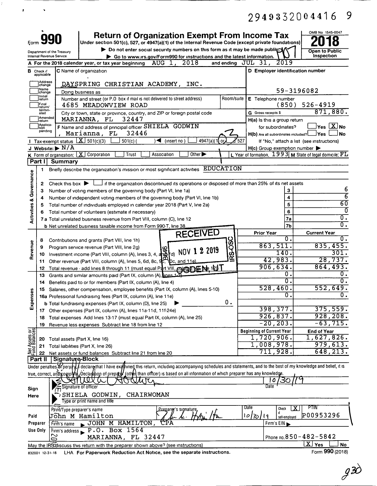 Image of first page of 2018 Form 990 for Dayspring Christian Academy