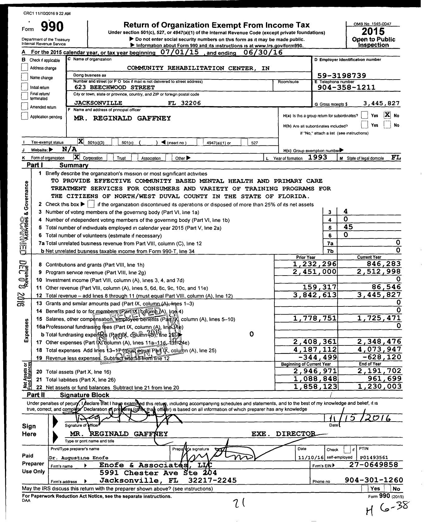 Image of first page of 2015 Form 990 for Community Rehabilitation Center in