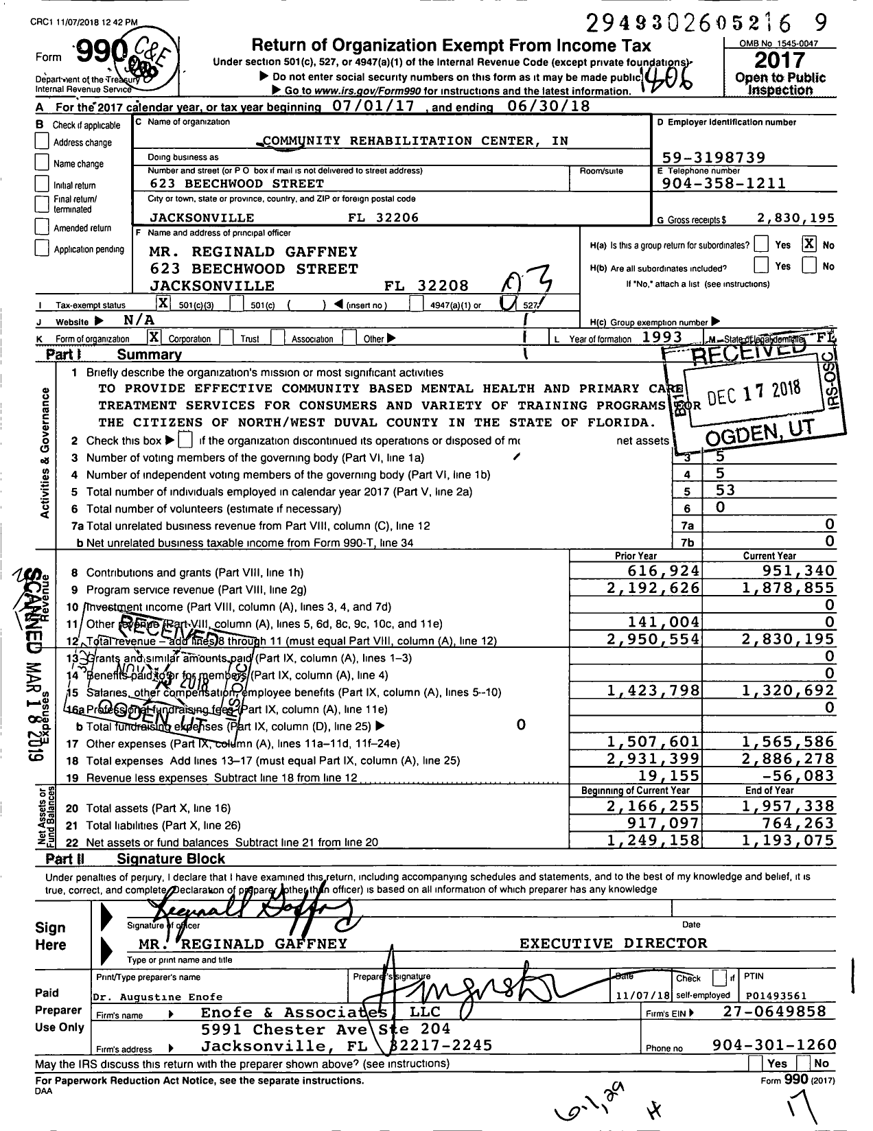 Image of first page of 2017 Form 990 for Community Rehabilitation Center in
