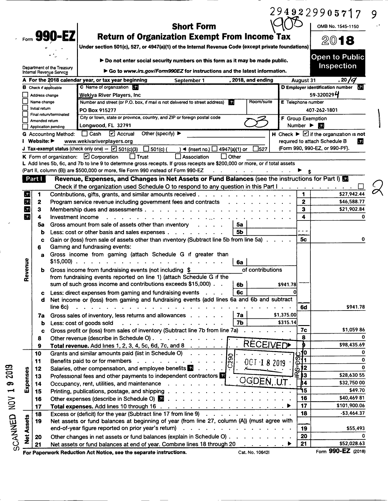 Image of first page of 2018 Form 990EZ for Wekiva River Players