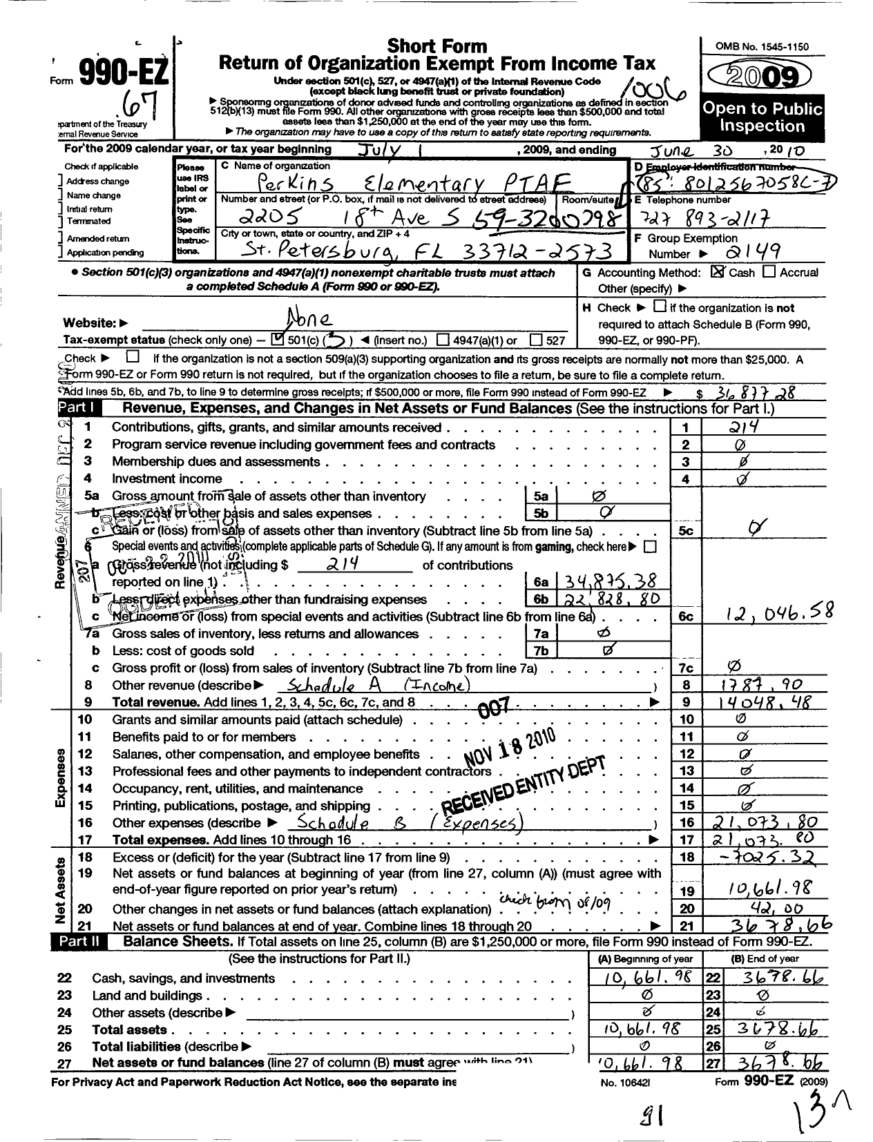 Image of first page of 2009 Form 990EZ for PTA Florida Congress - Perkins Elementary PTA