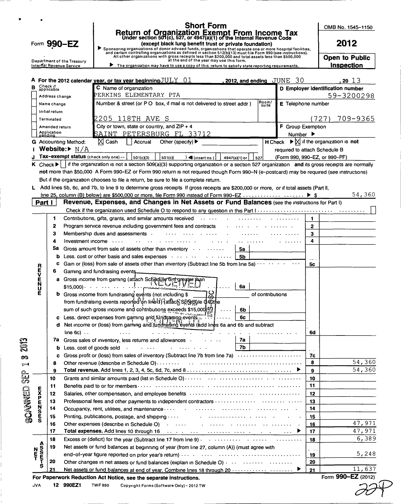 Image of first page of 2012 Form 990EO for PTA Florida Congress - Perkins Elementary PTA