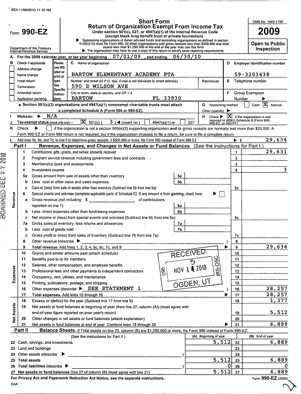 Image of first page of 2009 Form 990EZ for PTA Florida Congress - Bartow Elem Academy PTA