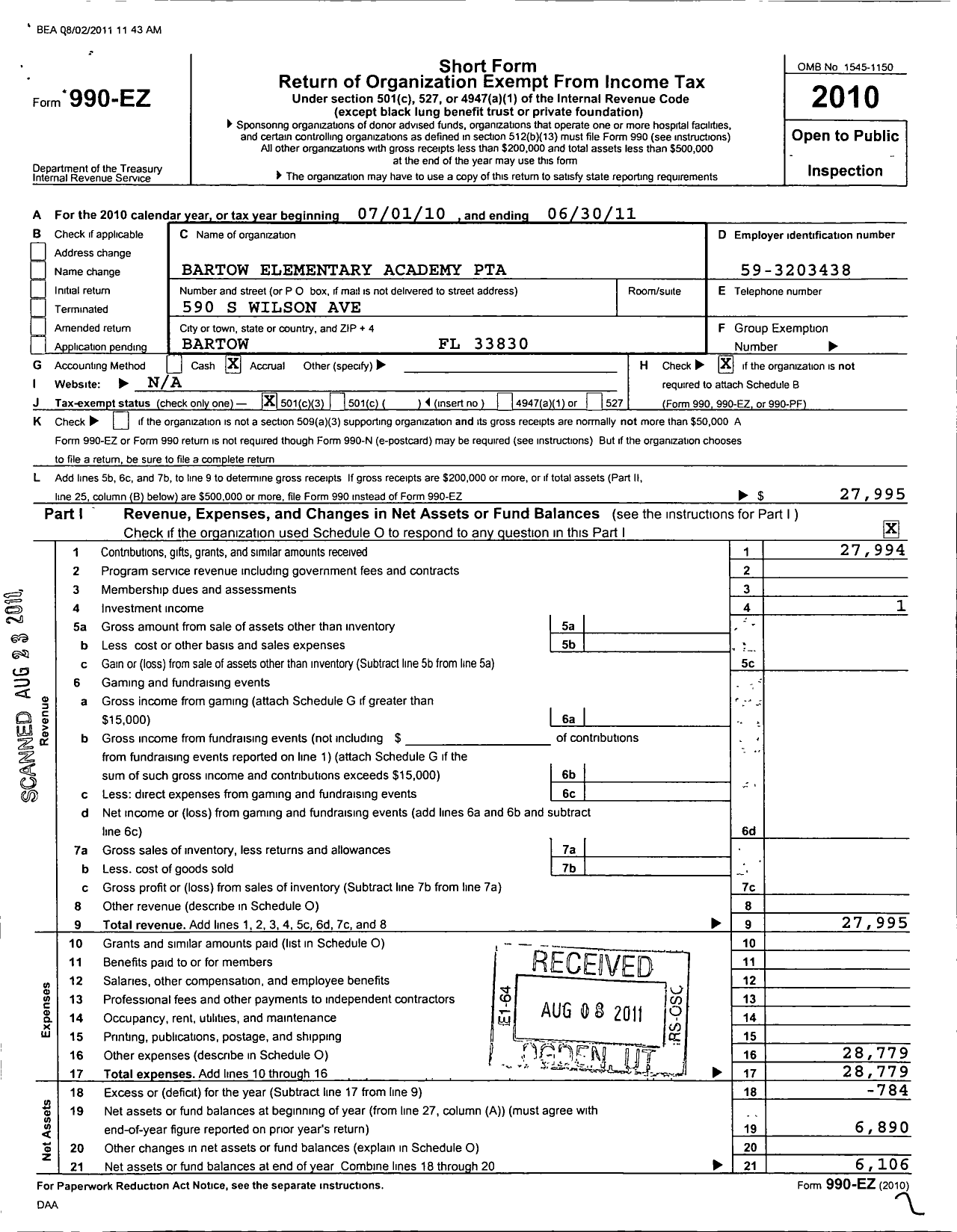 Image of first page of 2010 Form 990EZ for PTA Florida Congress - Bartow Elem Academy PTA