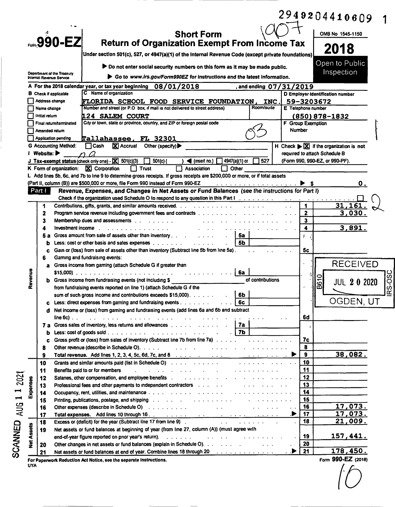 Image of first page of 2018 Form 990EZ for Florida School Food Service Foundation