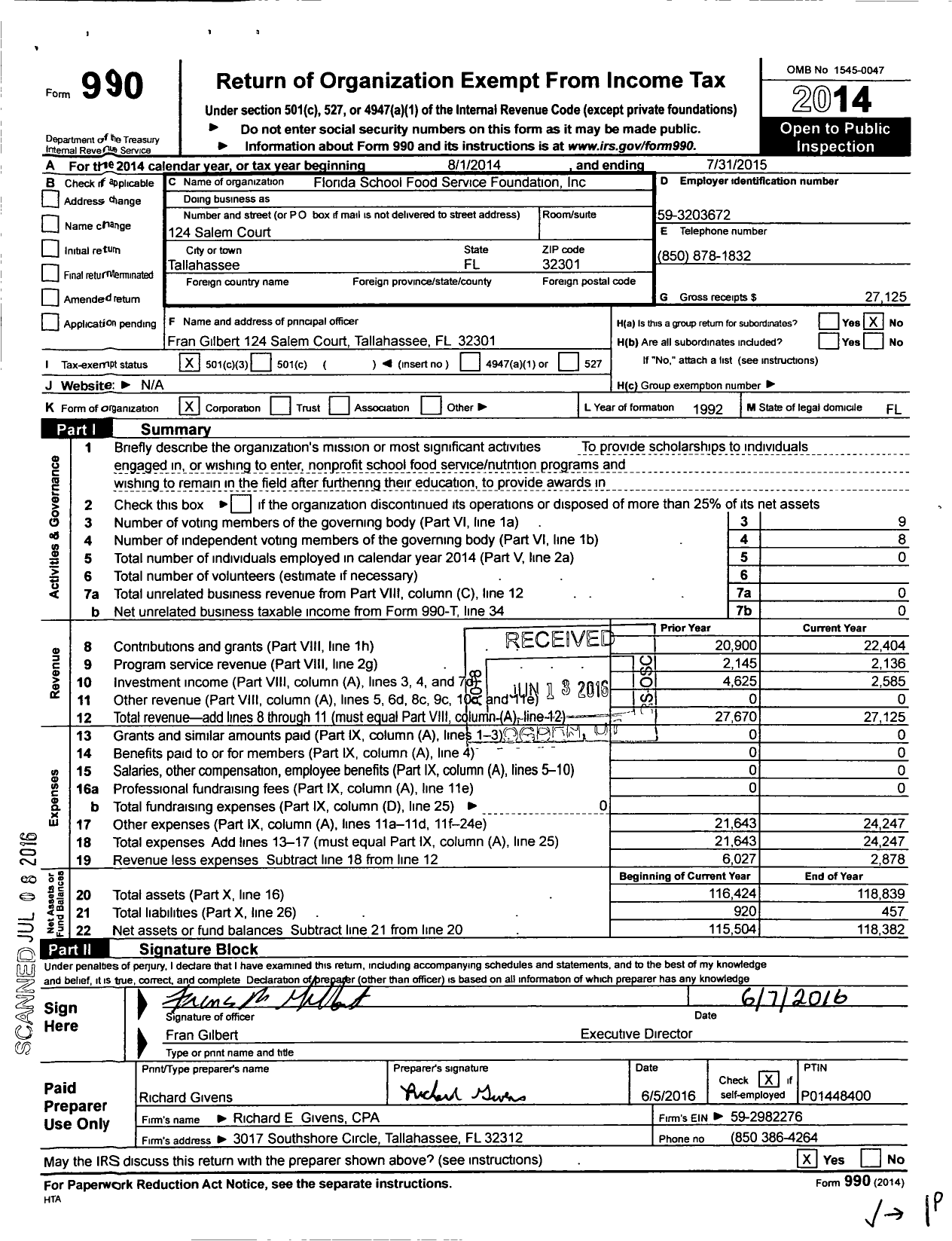 Image of first page of 2014 Form 990 for Florida School Food Service Foundation