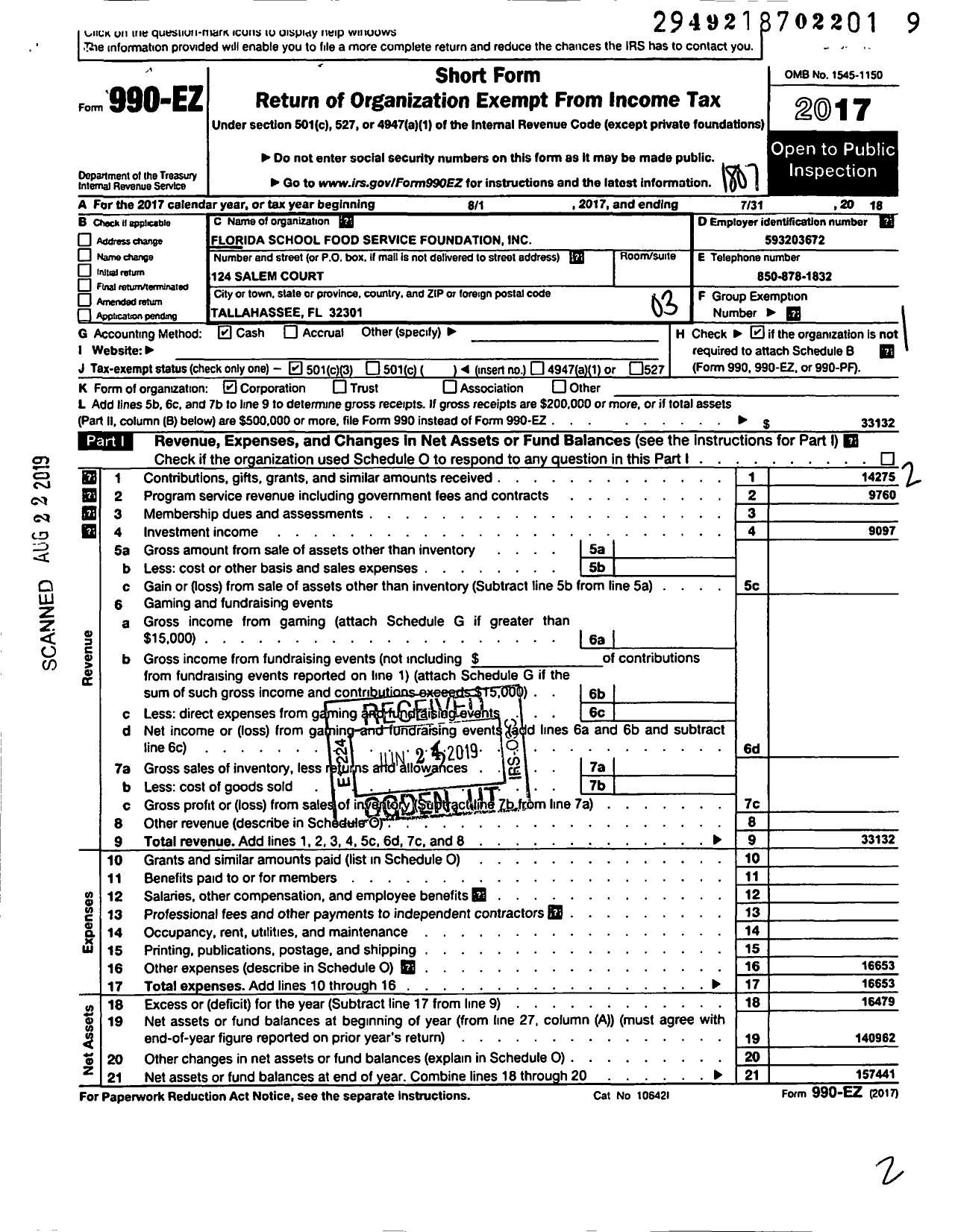 Image of first page of 2017 Form 990EZ for Florida School Food Service Foundation