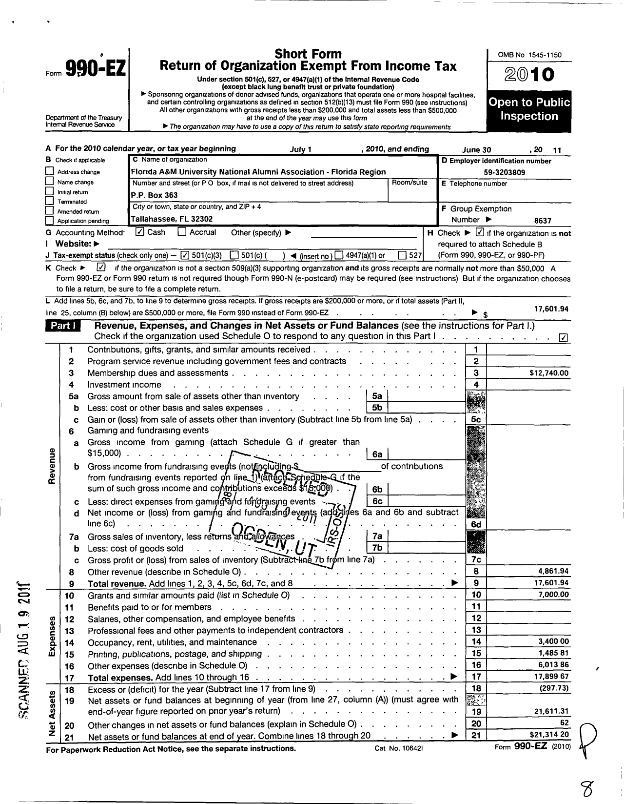 Image of first page of 2010 Form 990EZ for Florida A and M University National Alumni Association / Fla Region