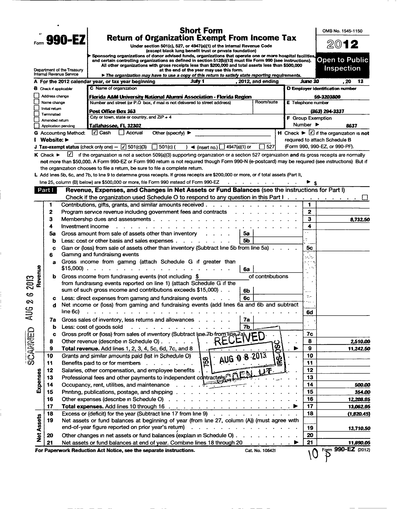 Image of first page of 2012 Form 990EZ for Florida A and M University National Alumni Association / Fla Region