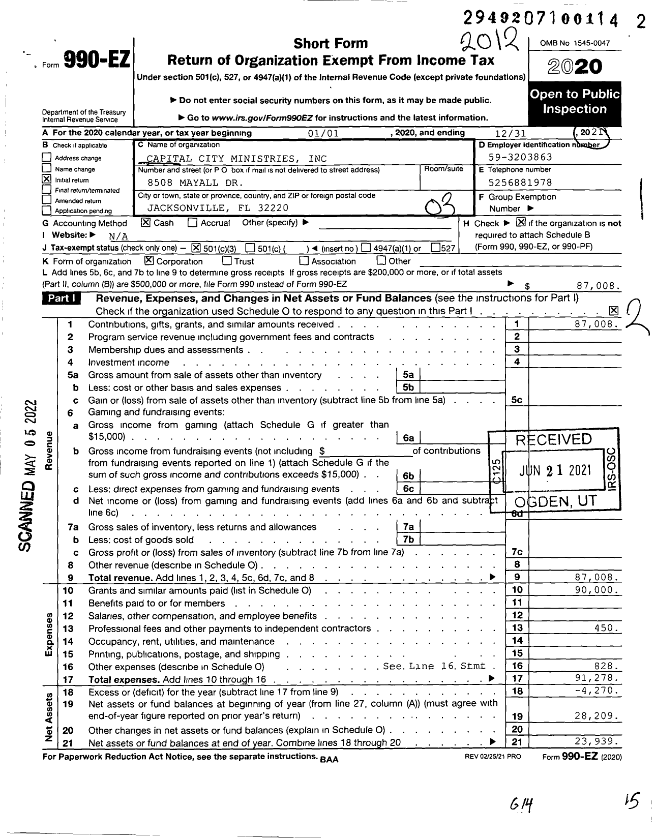 Image of first page of 2020 Form 990EZ for Capital City Ministries