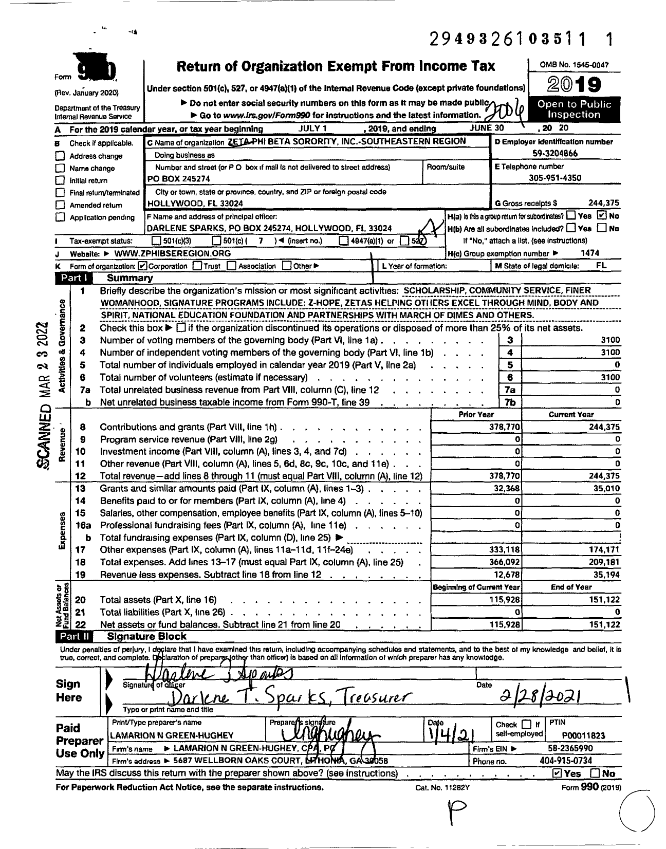 Image of first page of 2019 Form 990O for Zeta Phi Beta Sorority Southeastern Region