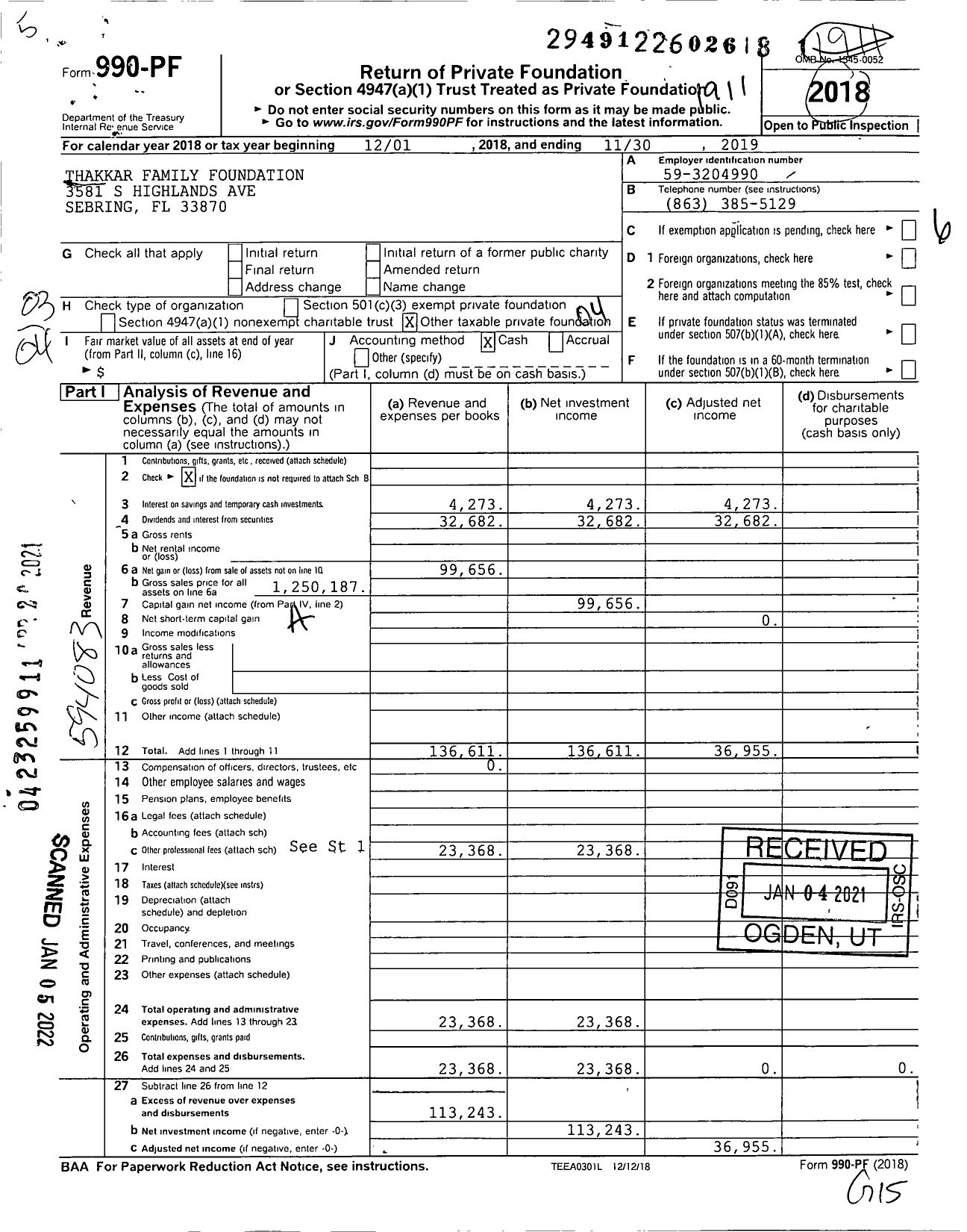 Image of first page of 2018 Form 990PF for Thakkar Family Foundation