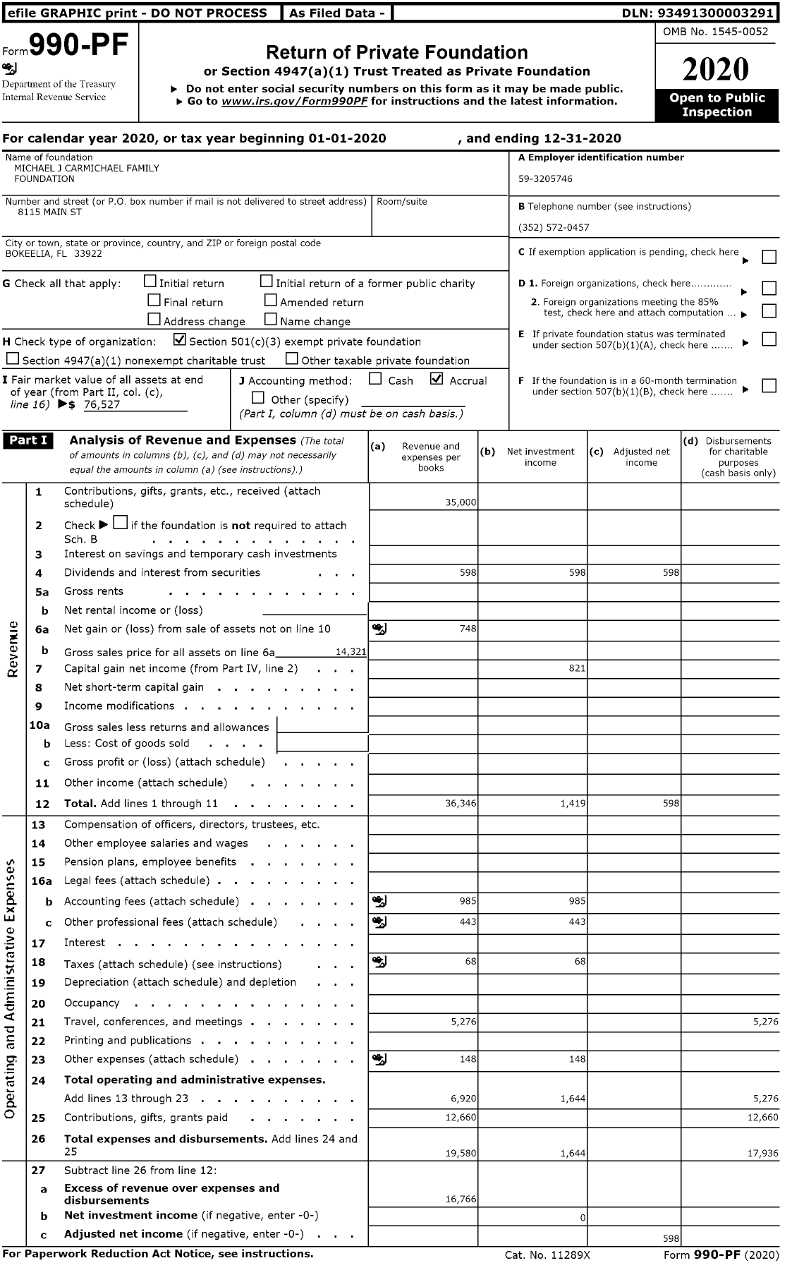 Image of first page of 2020 Form 990PF for Michael J Carmichael Family Foundation