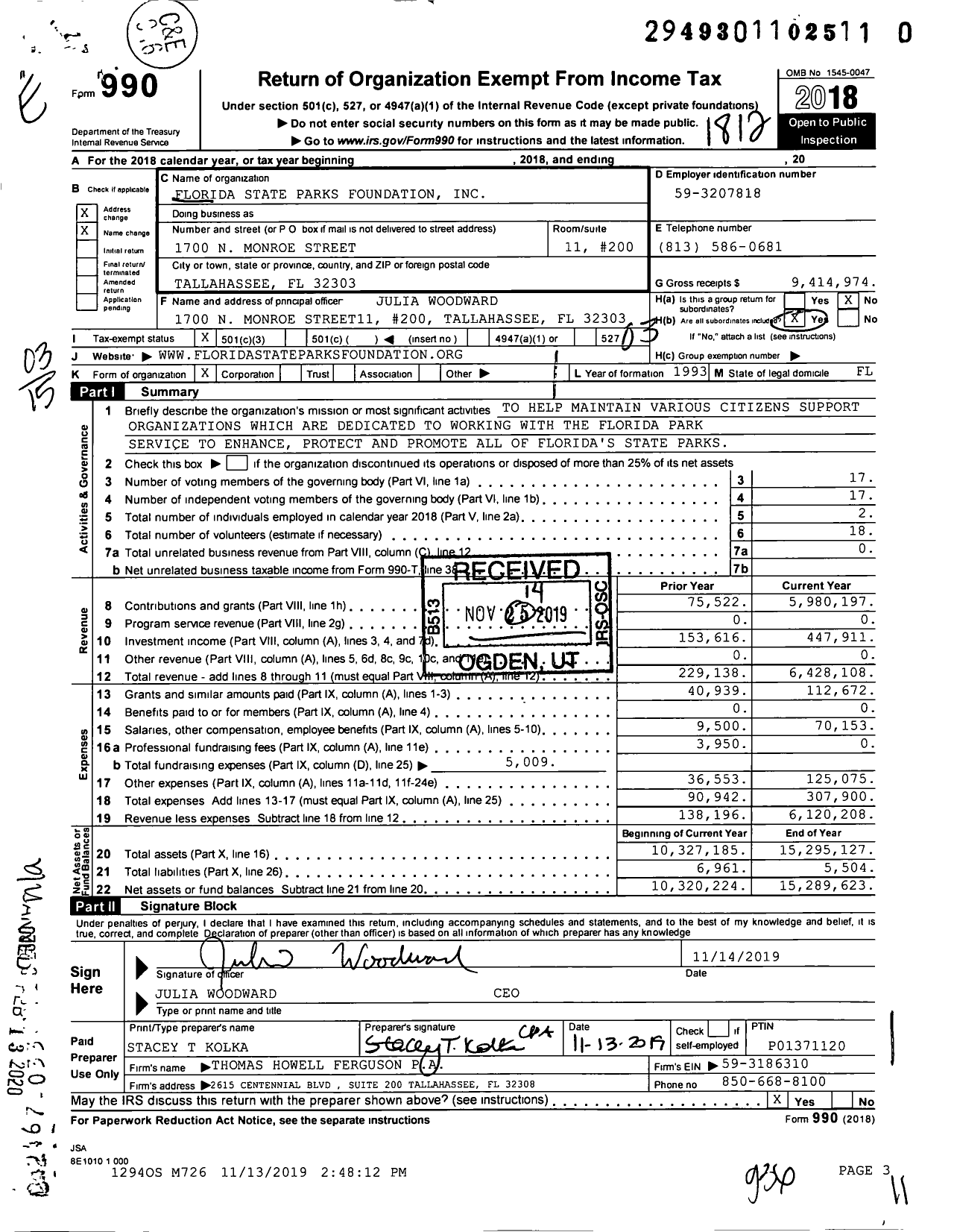 Image of first page of 2018 Form 990 for Florida State Parks Foundation