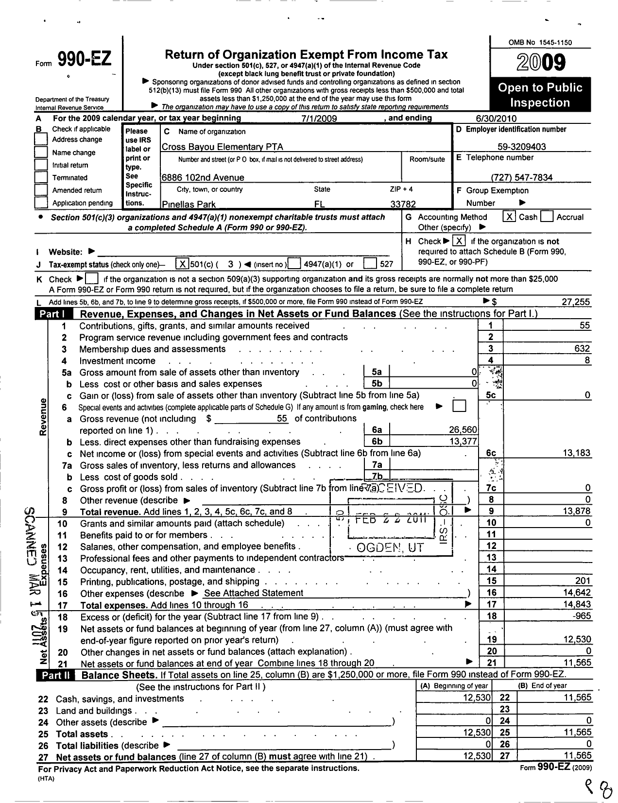 Image of first page of 2009 Form 990EZ for PTA Florida Congress - Cross Bayou Elem PTA