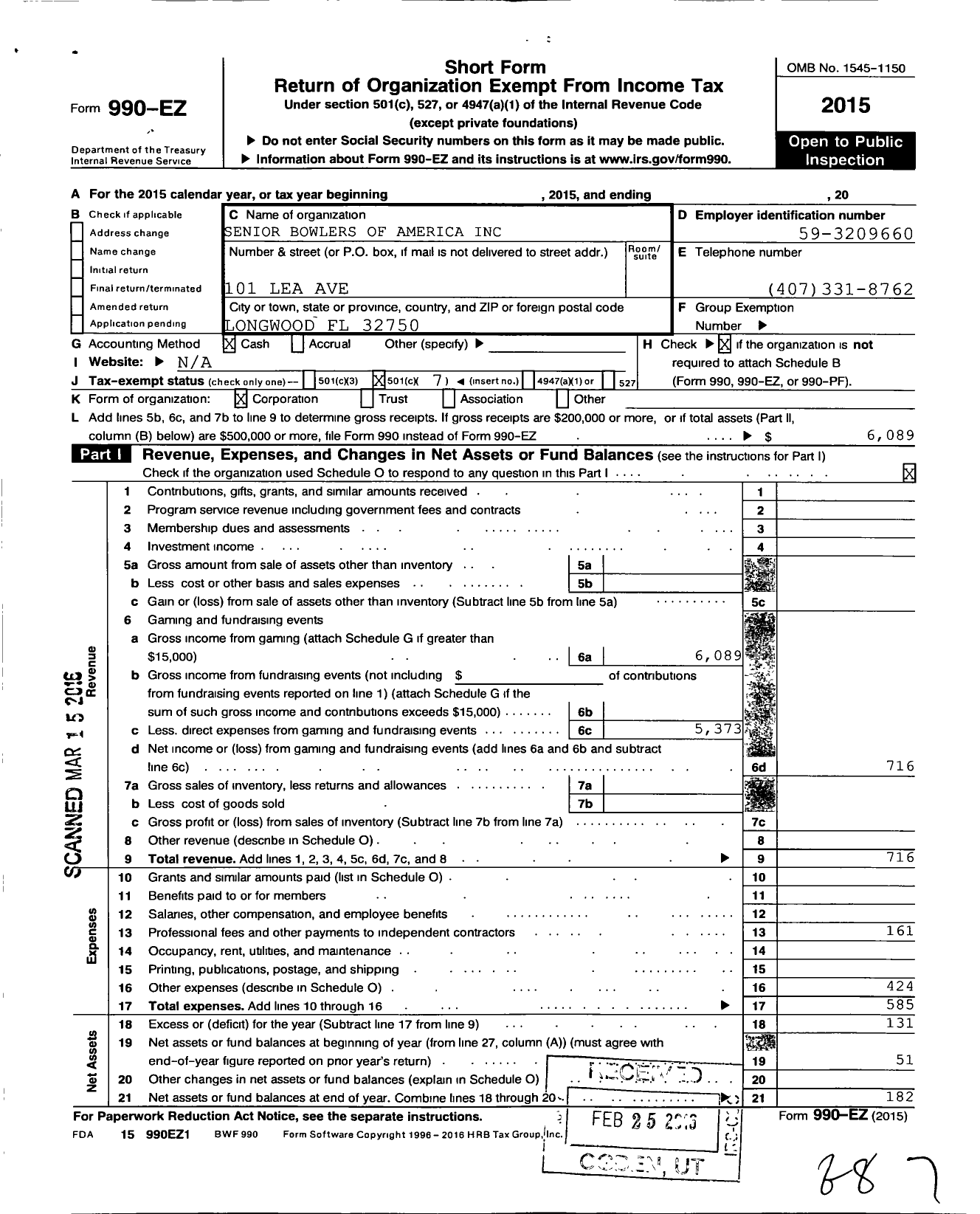 Image of first page of 2015 Form 990EO for Senior Bowlers of America