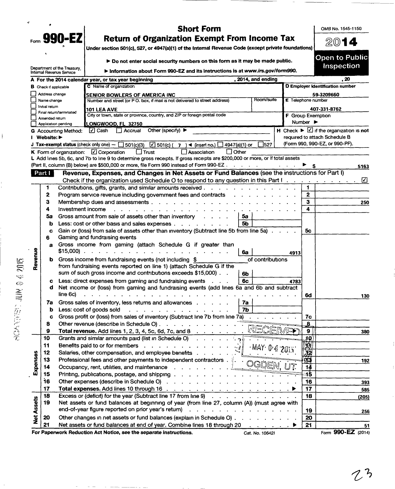 Image of first page of 2014 Form 990EO for Senior Bowlers of America