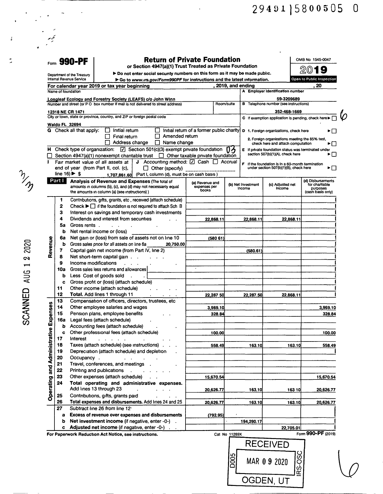 Image of first page of 2019 Form 990PR for Longleaf Ecology and Forestry Society Trust