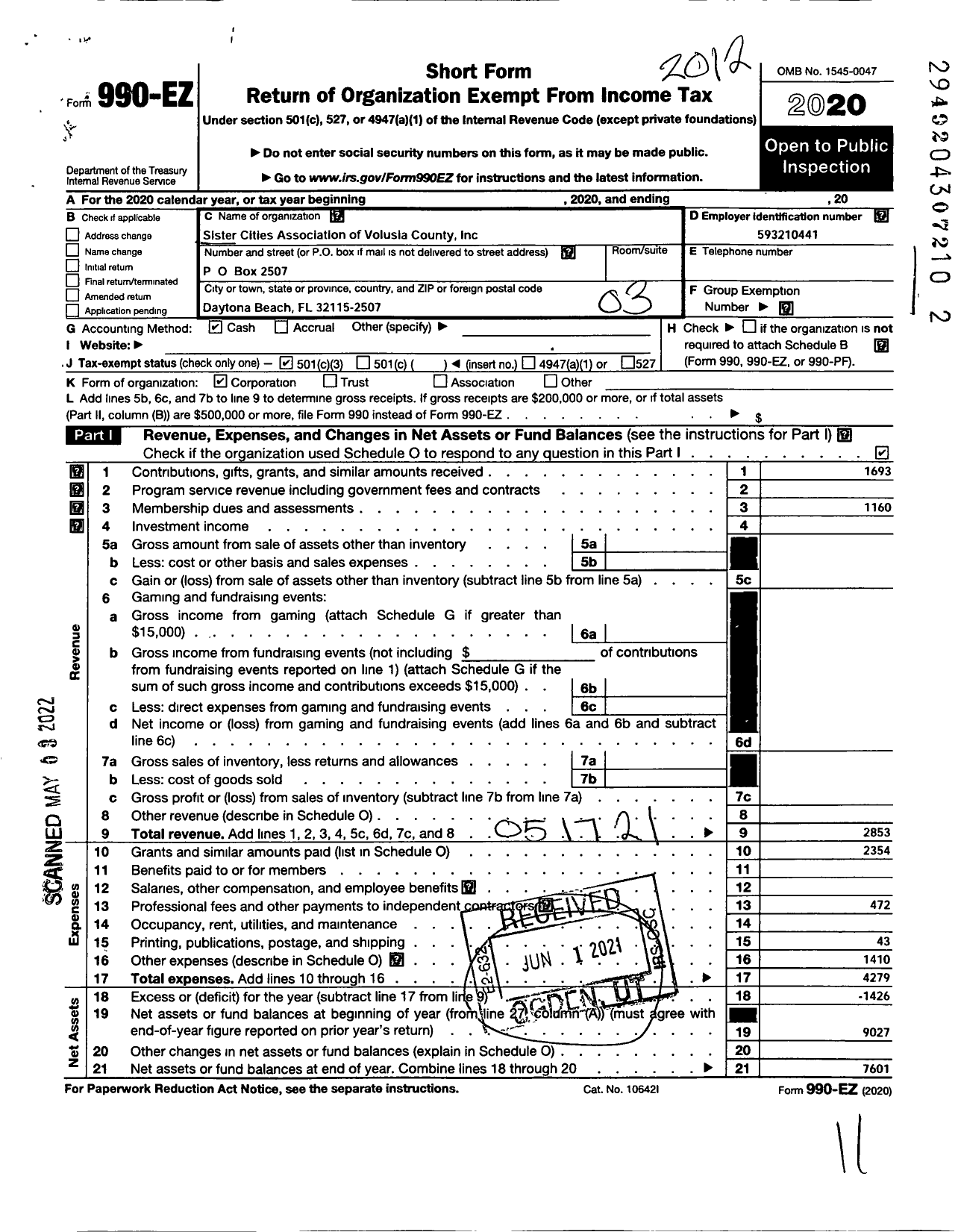 Image of first page of 2020 Form 990EZ for SISTER CITIES ASSOCIATION OF VOLUSIA CouNTY