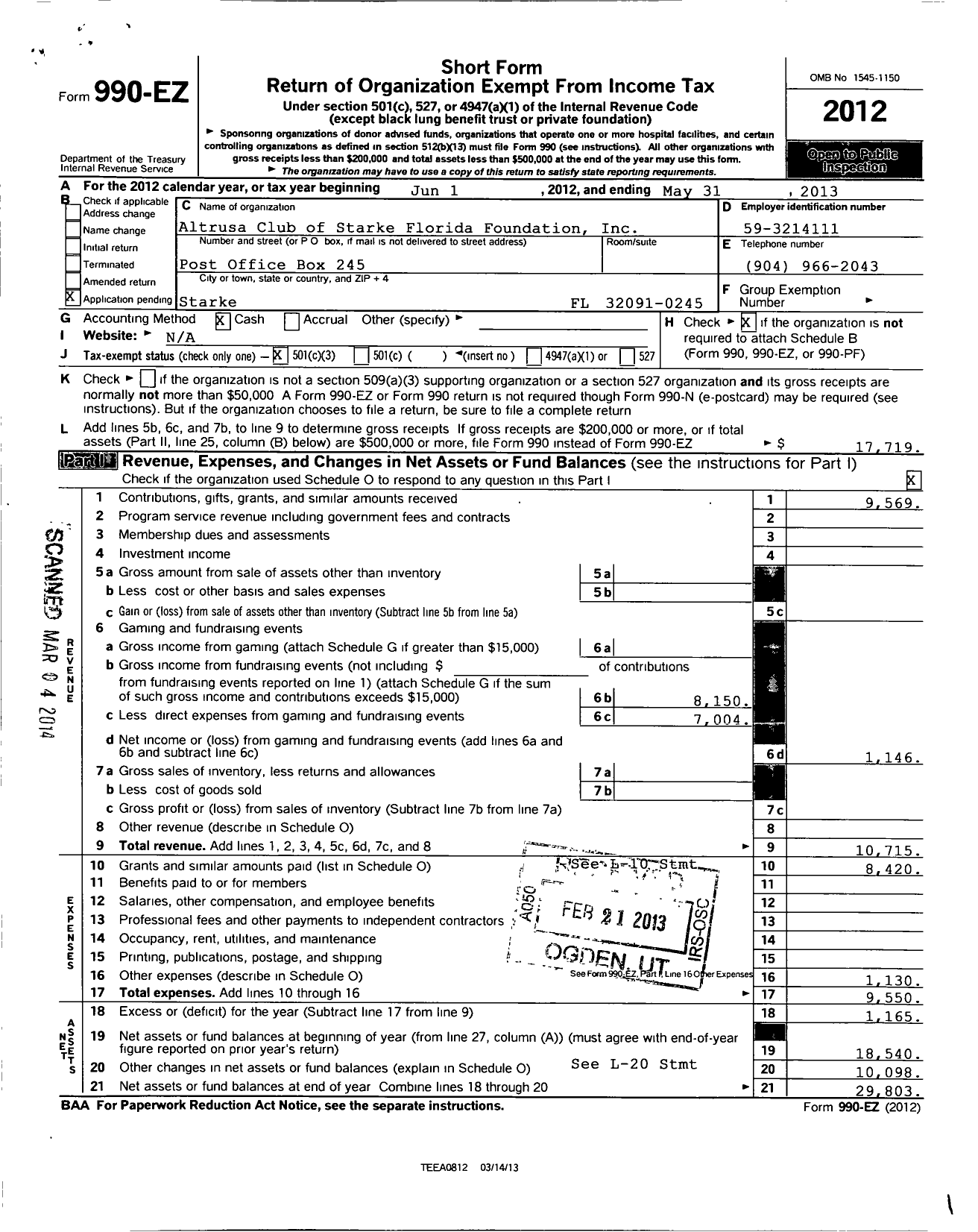 Image of first page of 2012 Form 990EZ for Altrusa Club of Starke Florida Foundation