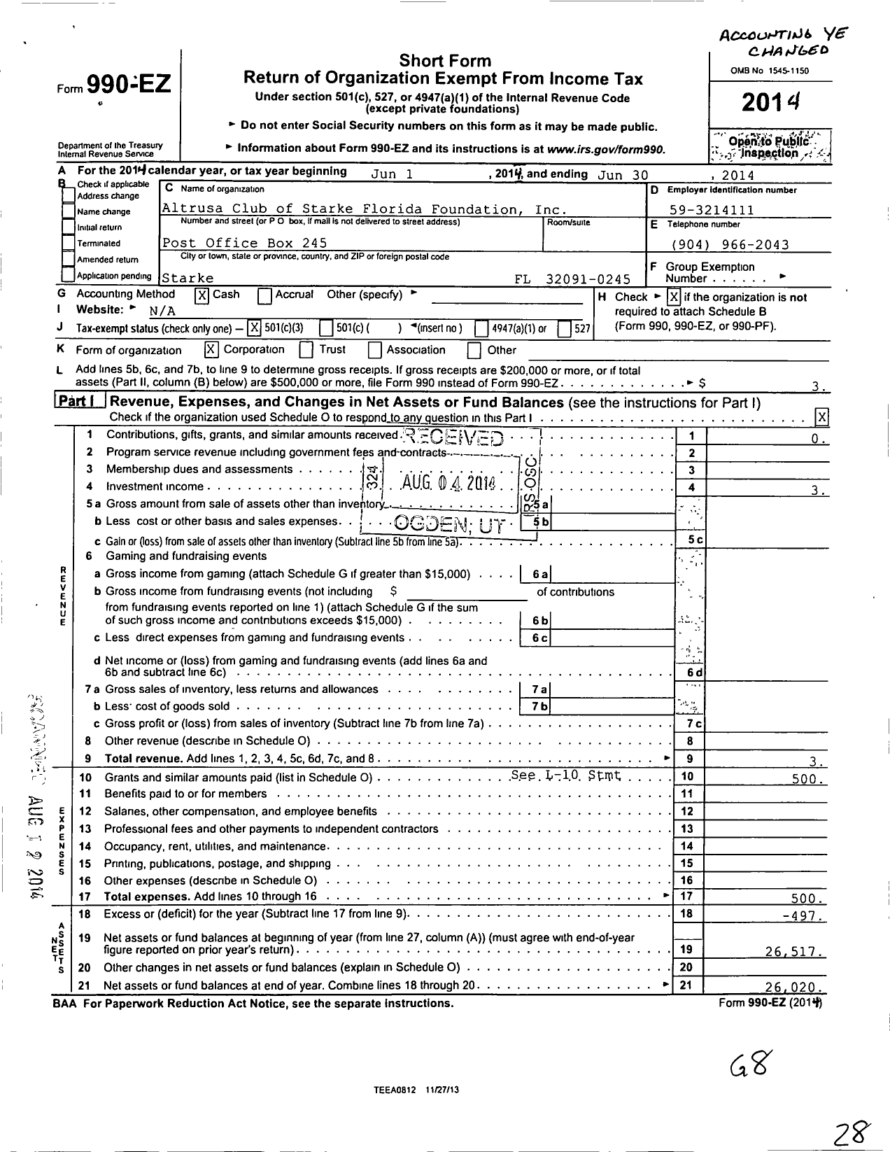 Image of first page of 2013 Form 990EZ for Altrusa Club of Starke Florida Foundation