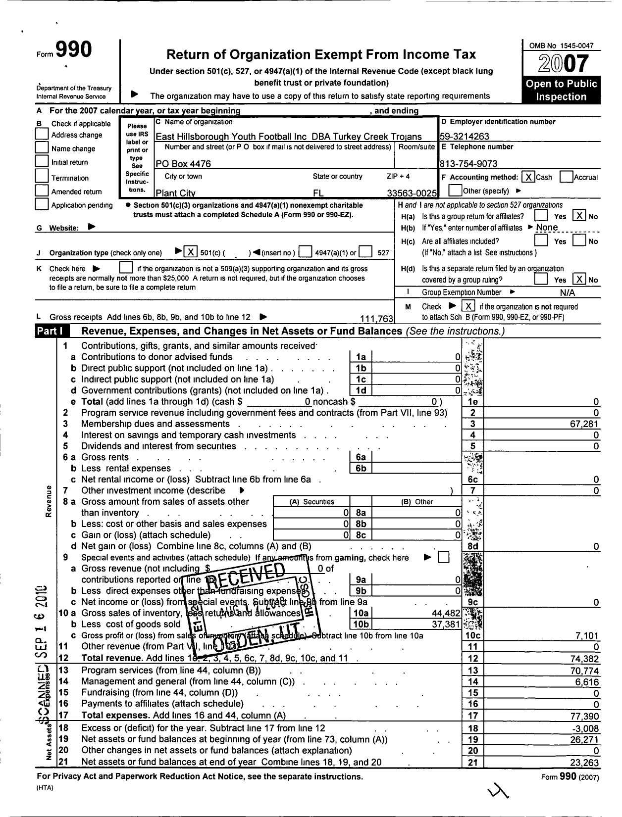 Image of first page of 2007 Form 990O for East Hillsborough Youth Football