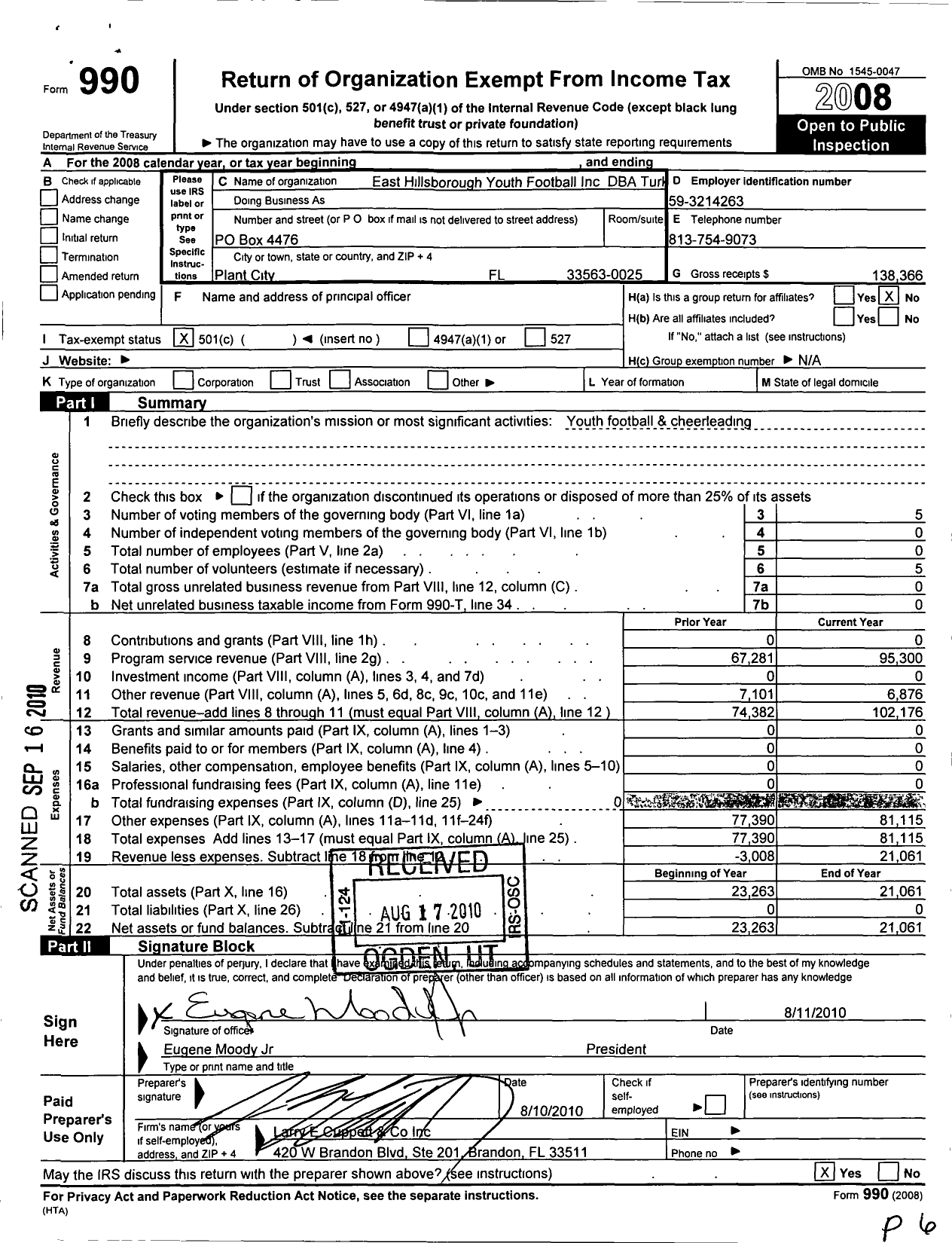Image of first page of 2008 Form 990O for East Hillsborough Youth Football