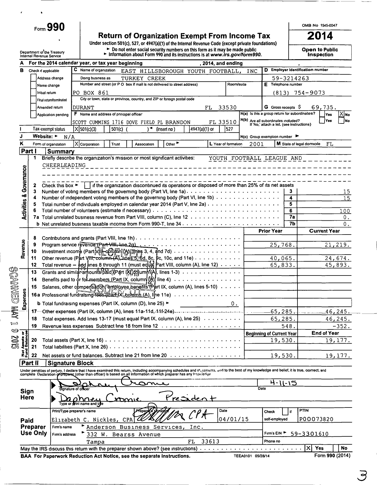 Image of first page of 2014 Form 990 for East Hillsborough Youth Football