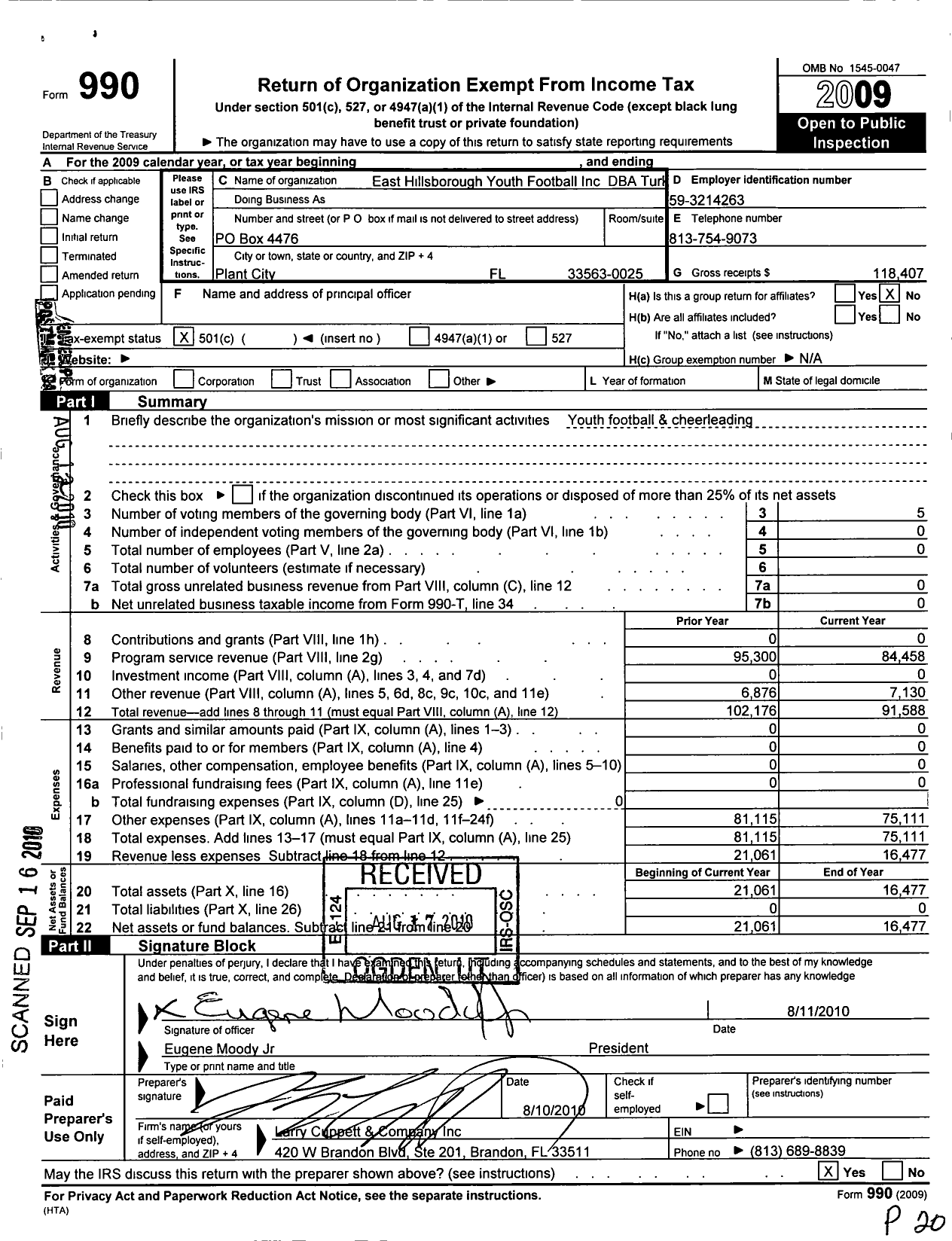 Image of first page of 2009 Form 990O for East Hillsborough Youth Football