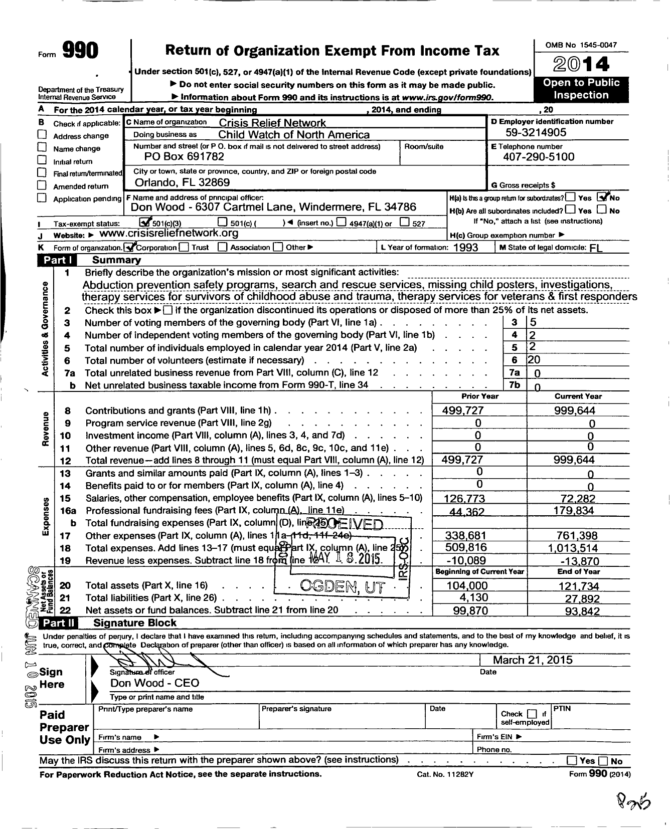 Image of first page of 2014 Form 990 for Child Watch of North America