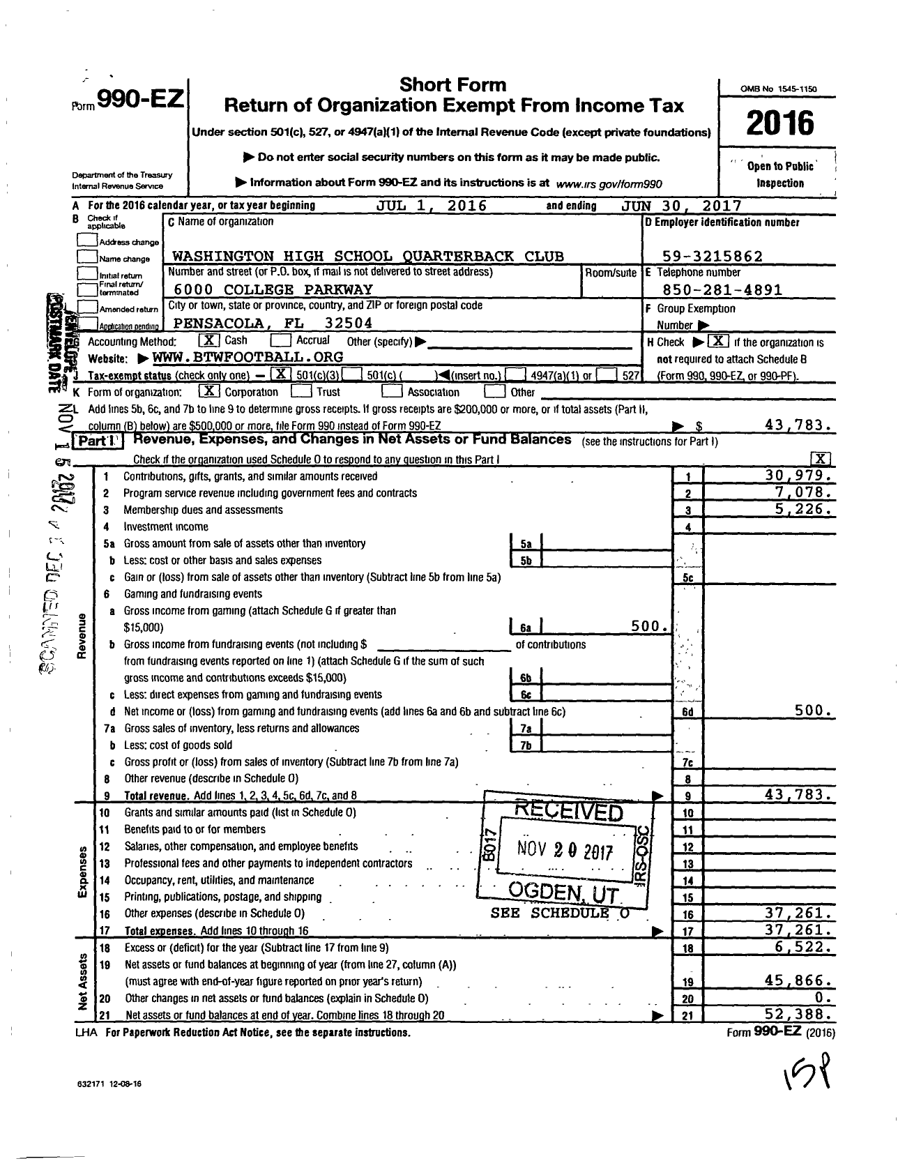 Image of first page of 2016 Form 990EZ for Washington High School Quarterback Club