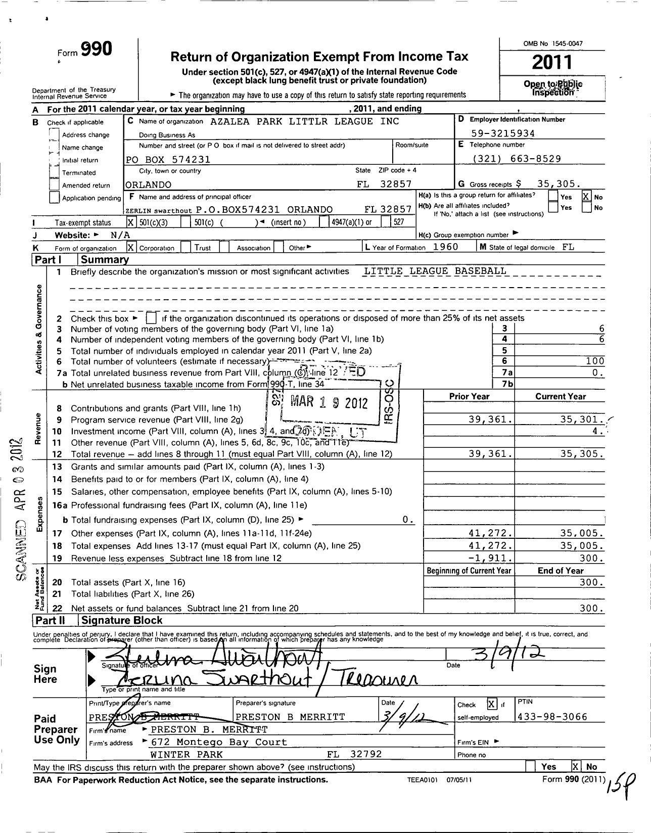 Image of first page of 2011 Form 990 for Little League Baseball - Azalea Park Little League