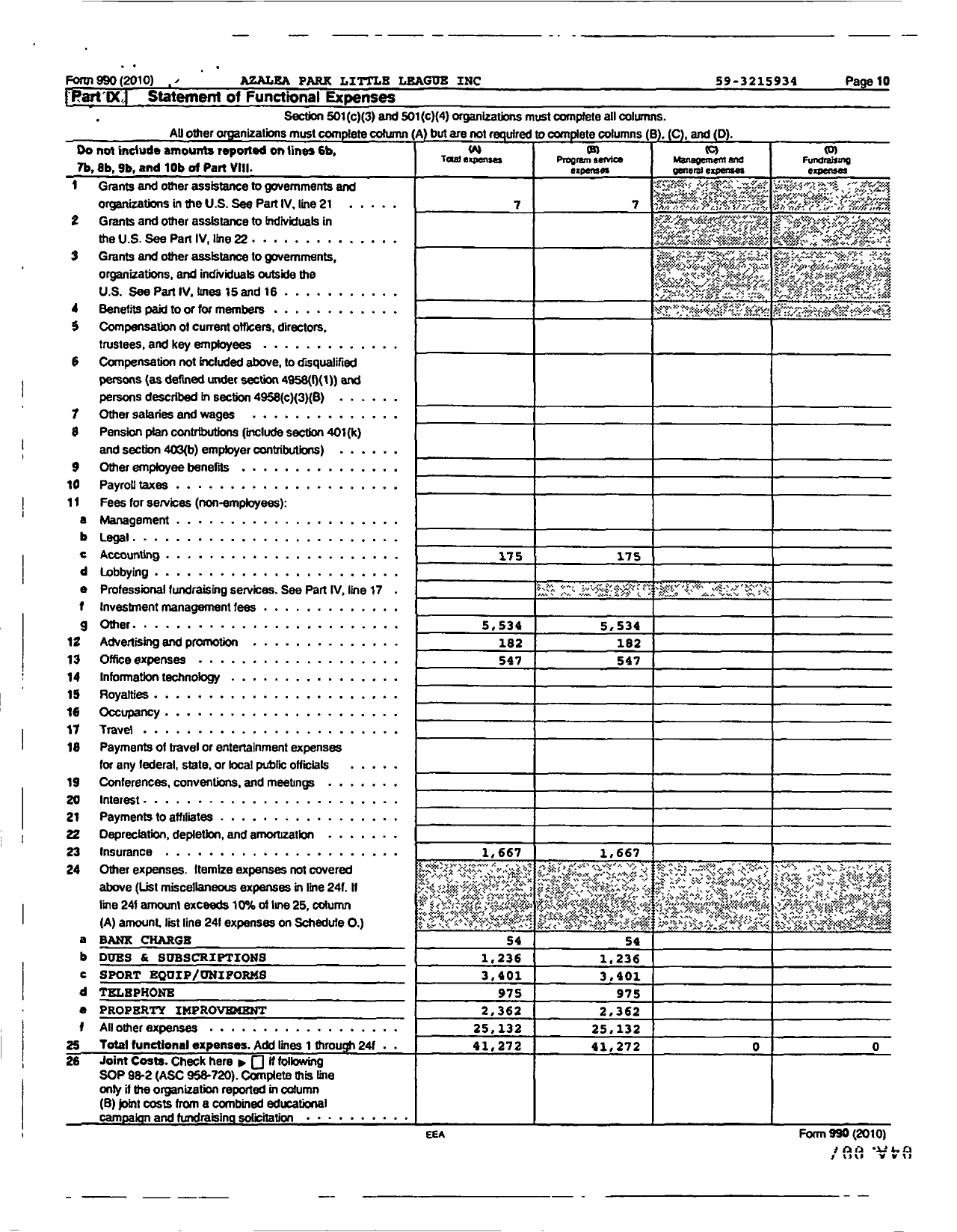 Image of first page of 2010 Form 990R for Little League Baseball - Azalea Park Little League