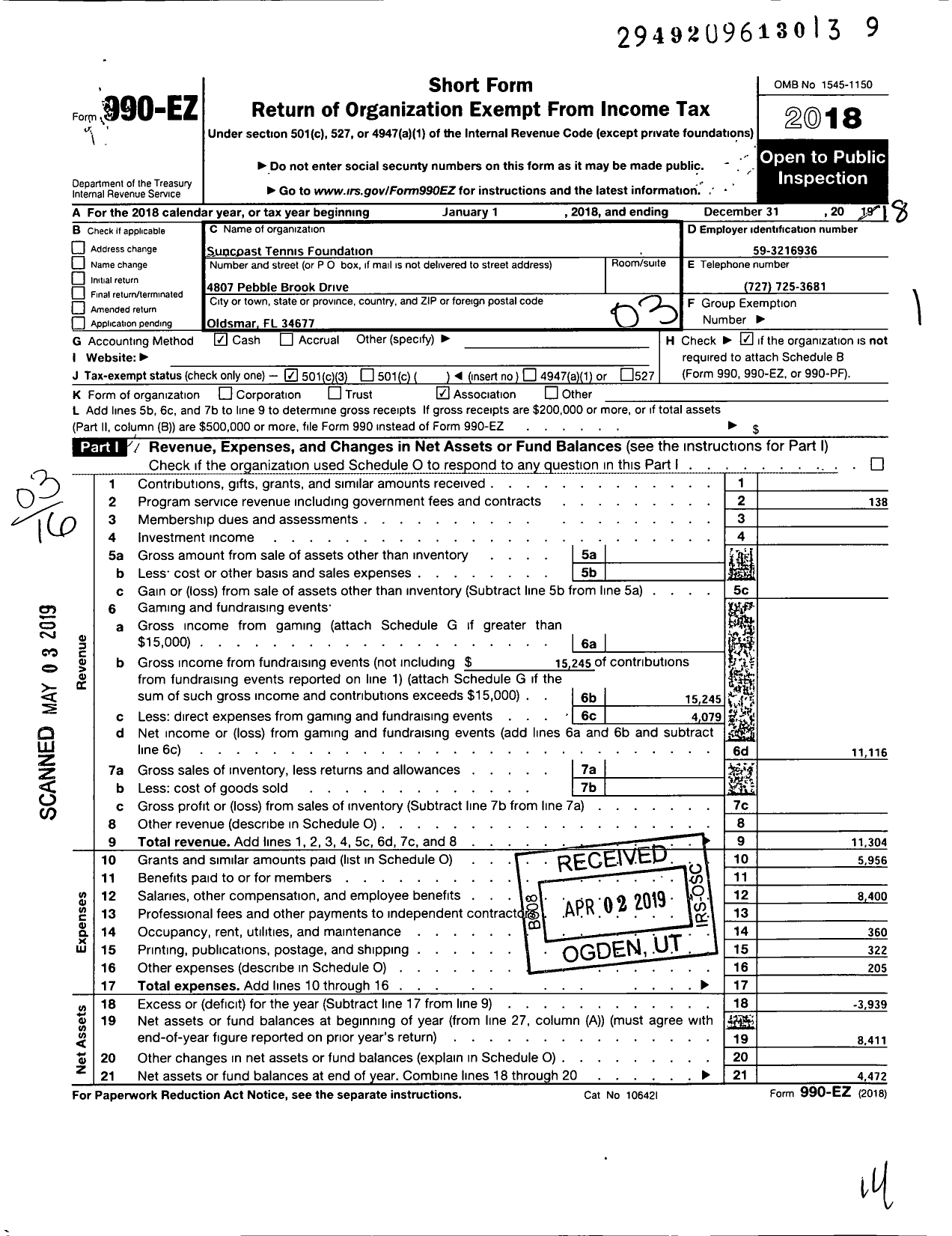 Image of first page of 2018 Form 990EZ for Suncoast Tennis Foundation