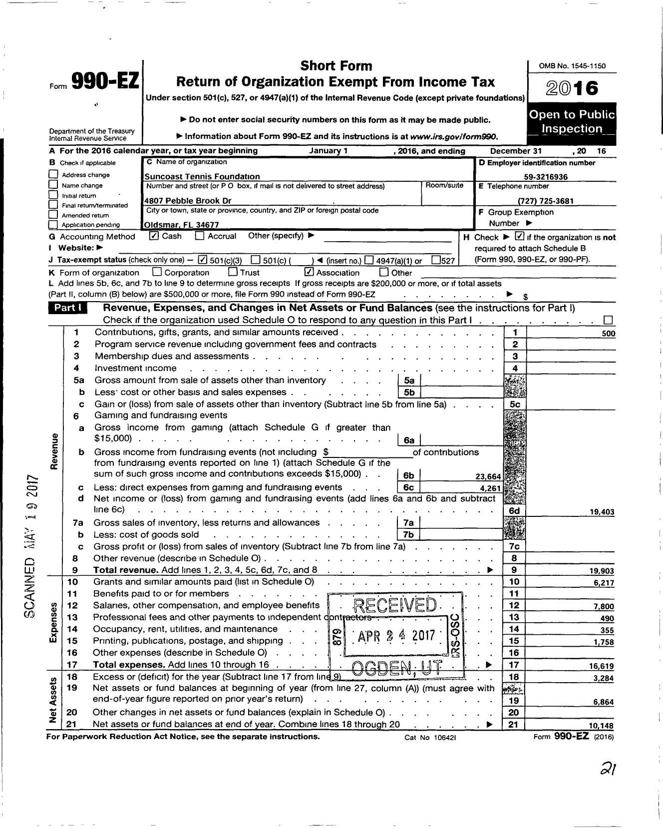 Image of first page of 2016 Form 990EZ for Suncoast Tennis Foundation