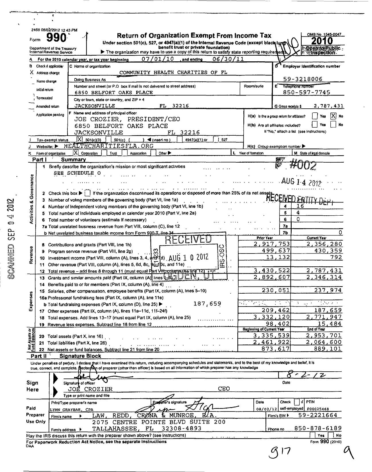 Image of first page of 2010 Form 990 for Community Health Charities of Florida