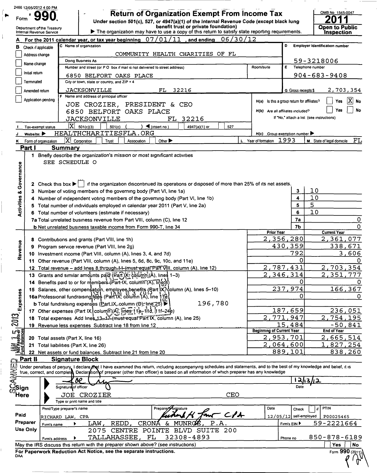 Image of first page of 2011 Form 990 for Community Health Charities of Florida