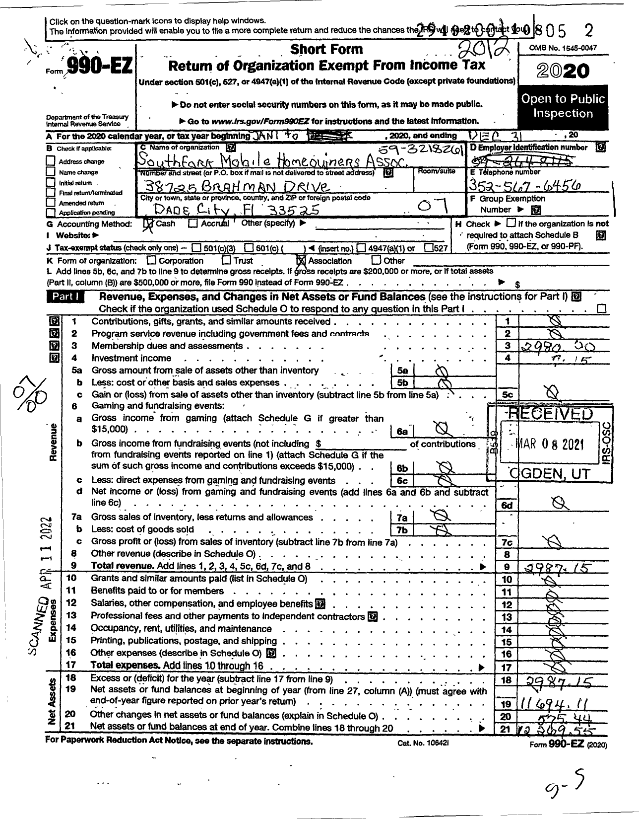 Image of first page of 2020 Form 990EO for Southfork Mobile Home Owners Association